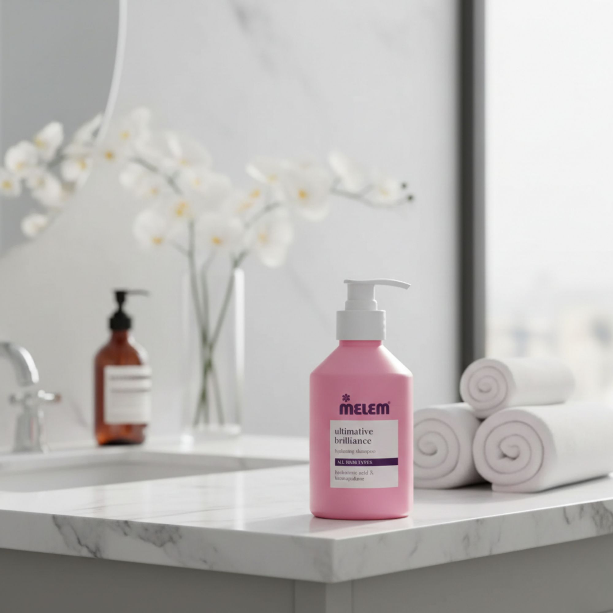 Rosa Shampoo-Flasche mit weißem Pumpkopf auf einer Marmoroberfläche. Handtücher und Dekoration im Hintergrund.