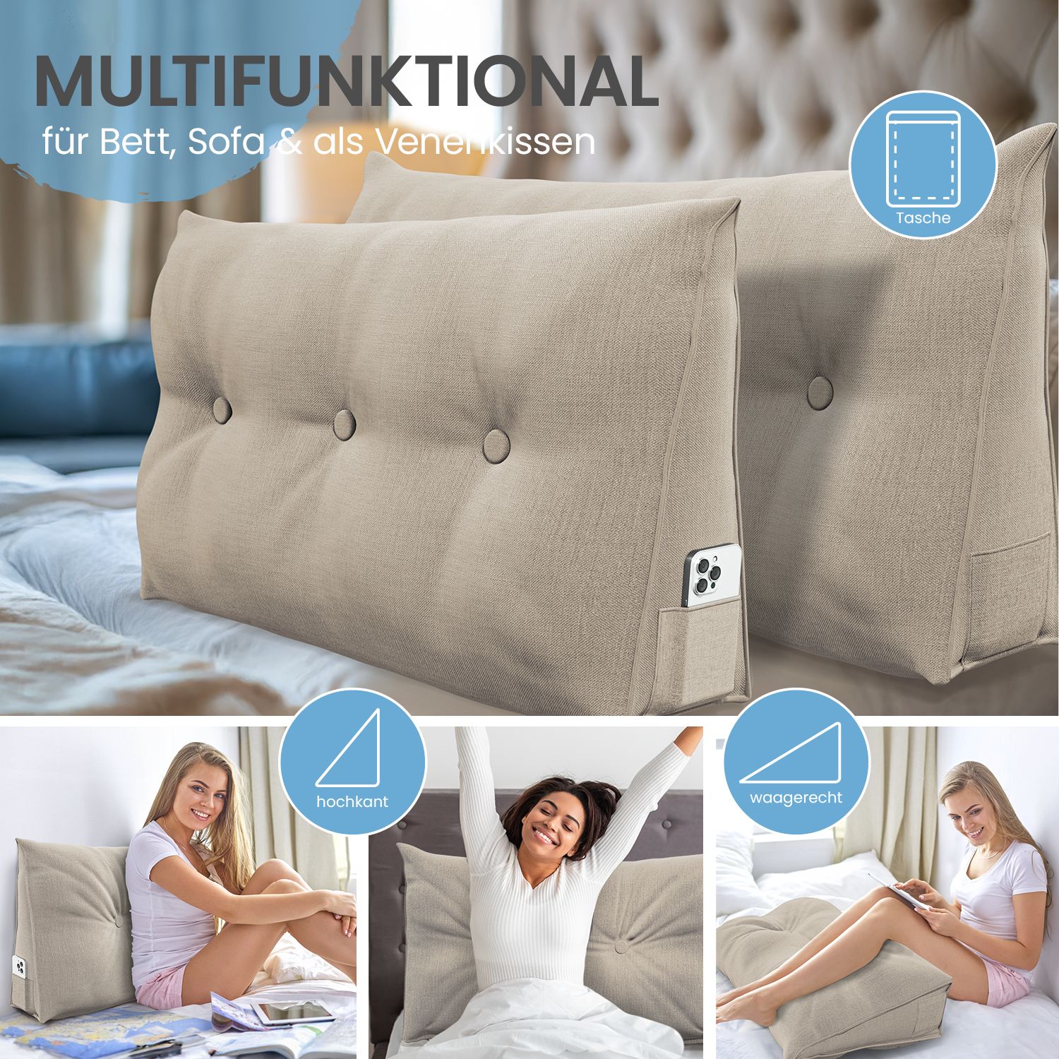 Stützkissen in verschiedenen Positionen. Beige Kissen mit Knöpfen. Seitentasche. Text: Multifunktional für Bett, Sofa & als Venenkissen.