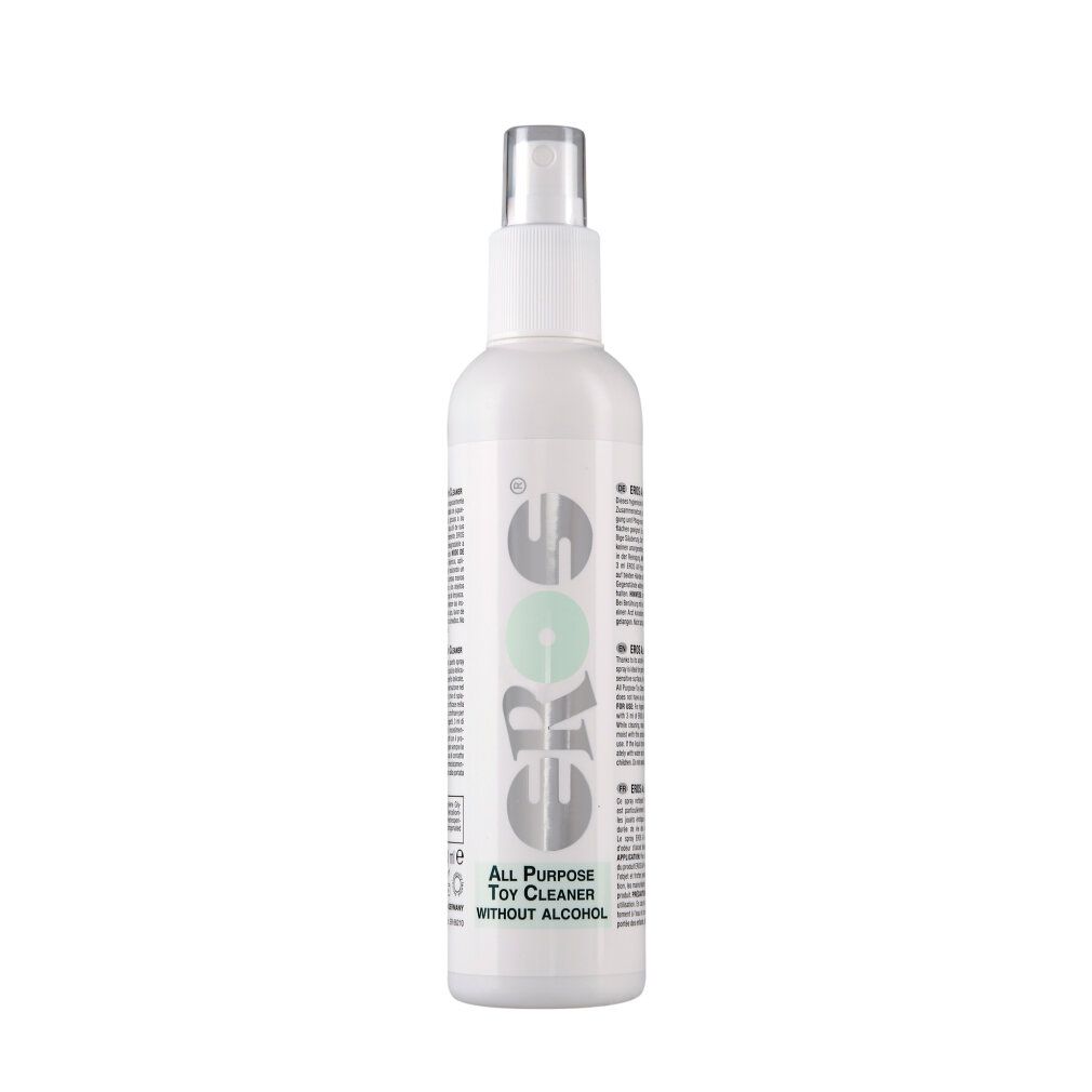 Weiße Sprühflasche mit silbernem und grünem Logo. Aufschrift: ALL PURPOSE TOY CLEANER WITHOUT ALCOHOL.