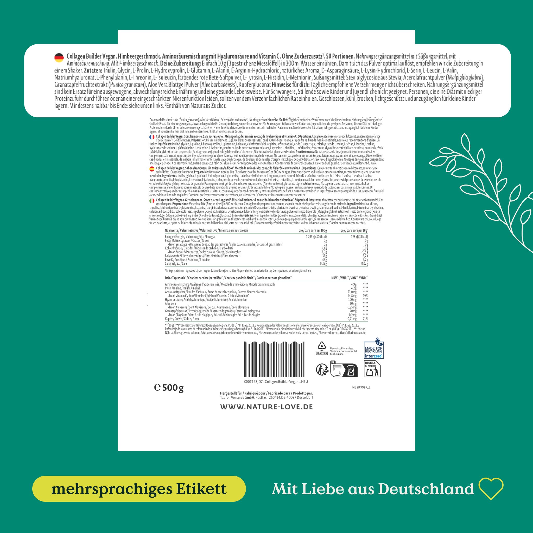 Rückseite einer Verpackung mit mehrsprachigem Etikett, Nährwertangaben und 500g Angabe.