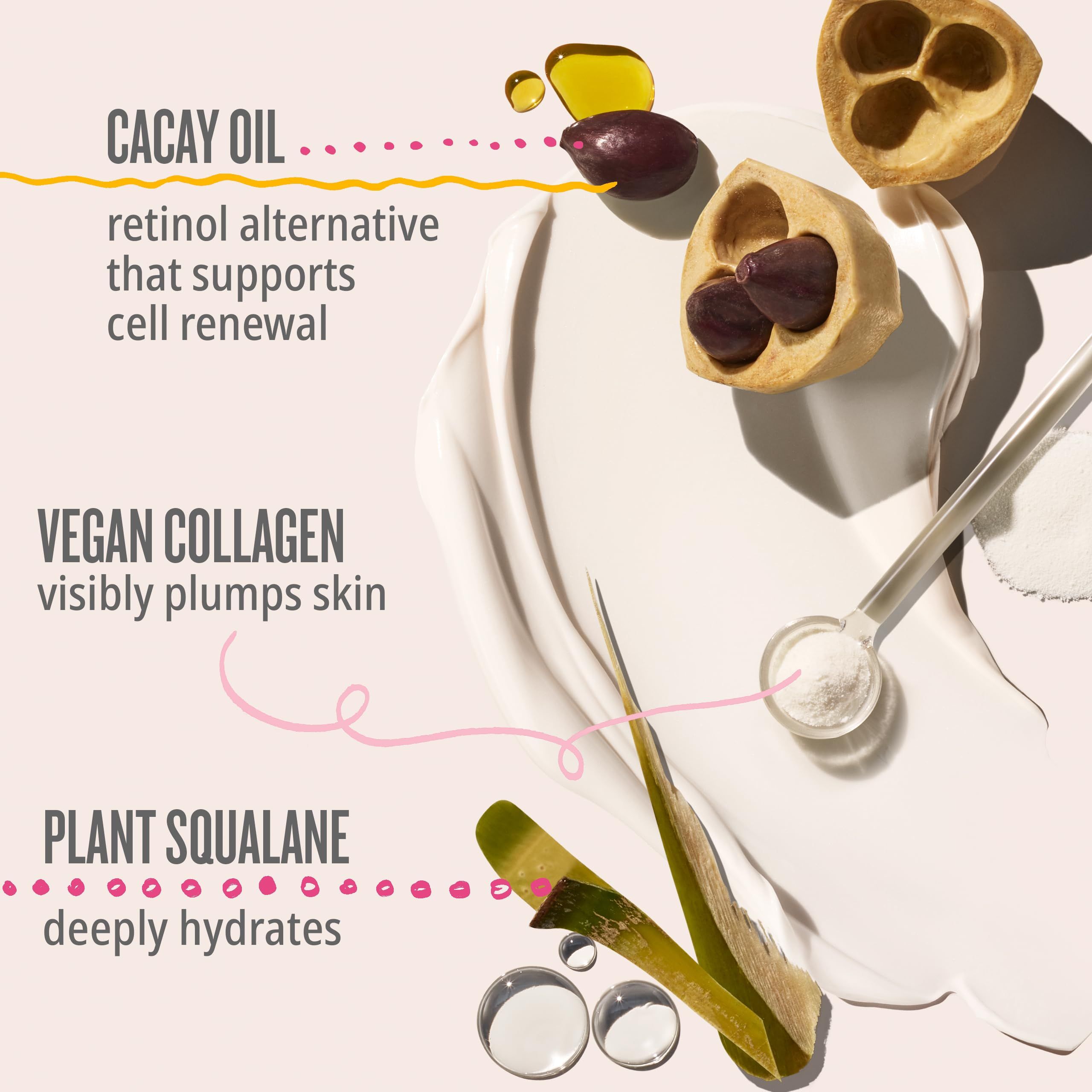 Inhaltsstoffe: Cacay-Öl, veganes Kollagen, Pflanzensqualan. Text: unterstützt die Zellerneuerung, macht die Haut prall.
