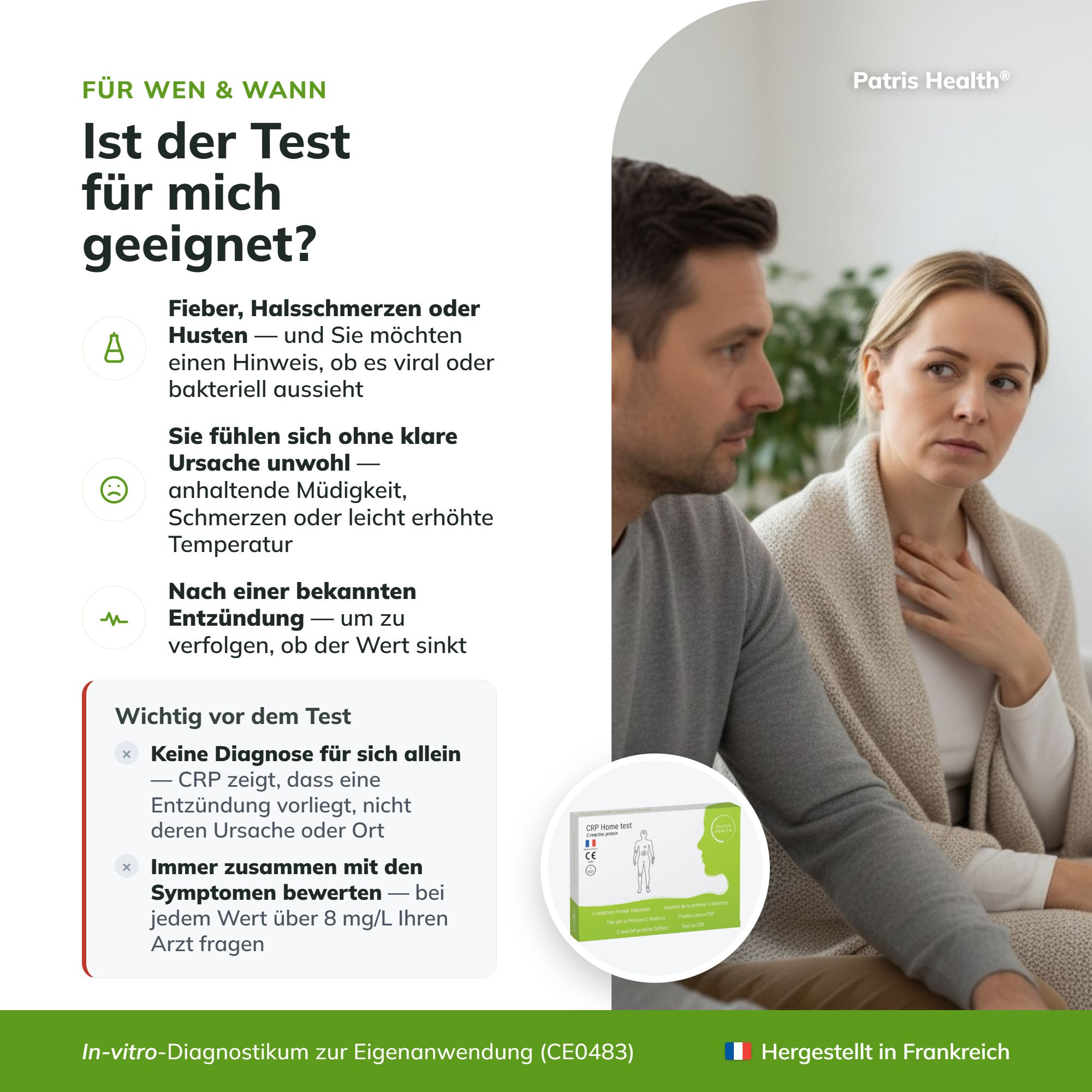 Paar bespricht CRP Schnelltest-Anwendung, erklärt Eignung und wichtige Hinweise.