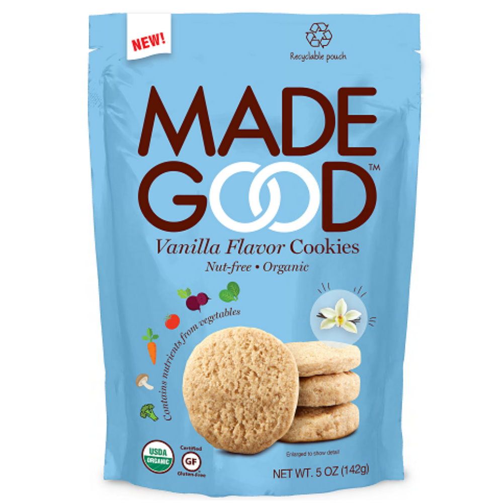 Hellblaue Verpackung mit "MADE GOOD"-Logo und "Vanilla Flavor Cookies". Enthält Kekse und USDA Organic-Siegel.