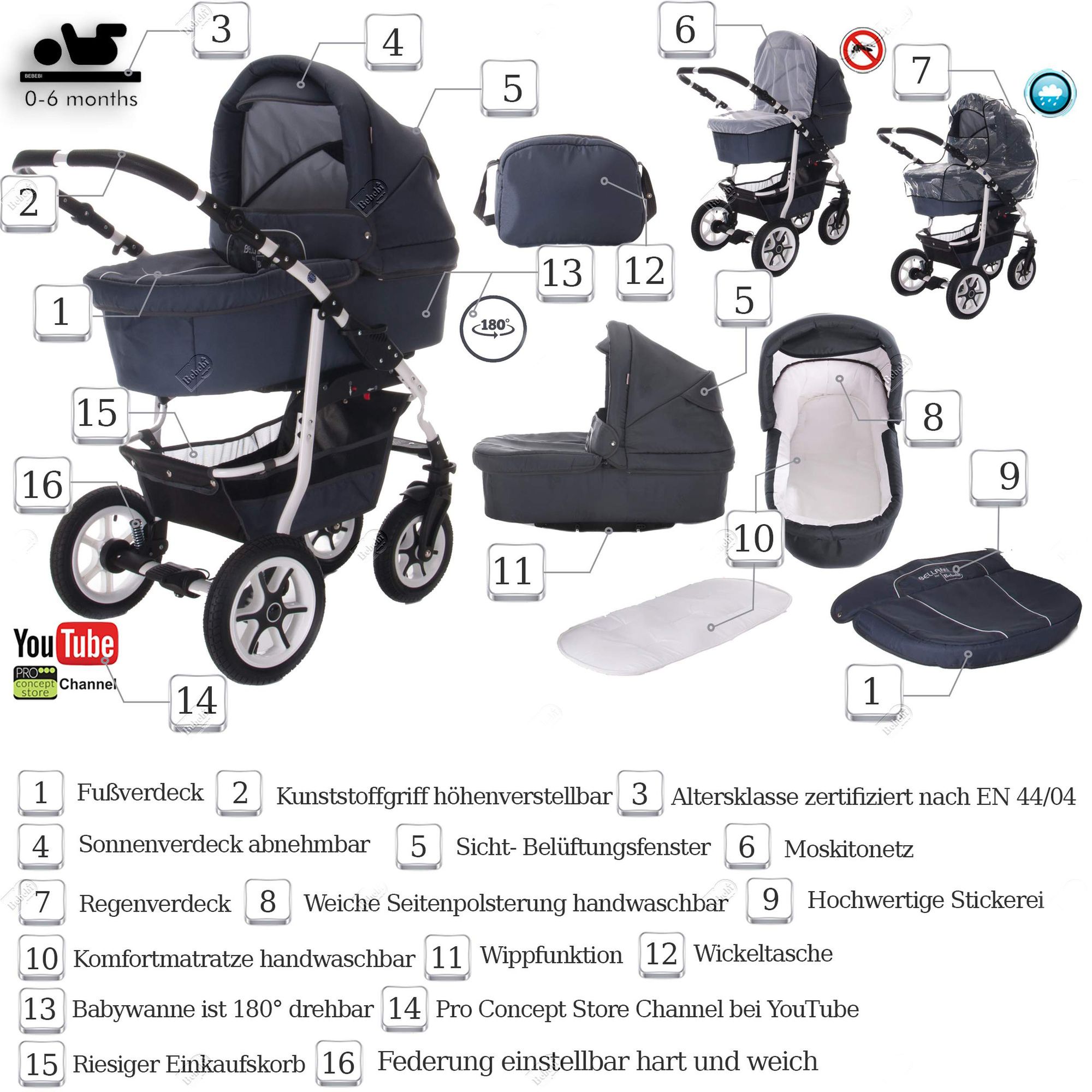Bebebi Bellami 3 in 1 Kinderwagen Set Luftreifen, Bellagrey