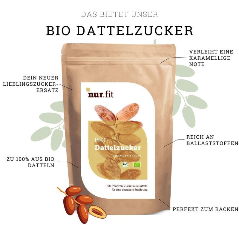 Beutel mit BIO Dattelzucker. Text mit Produktvorteilen und Dattel-Abbildung. Bio-Siegel.