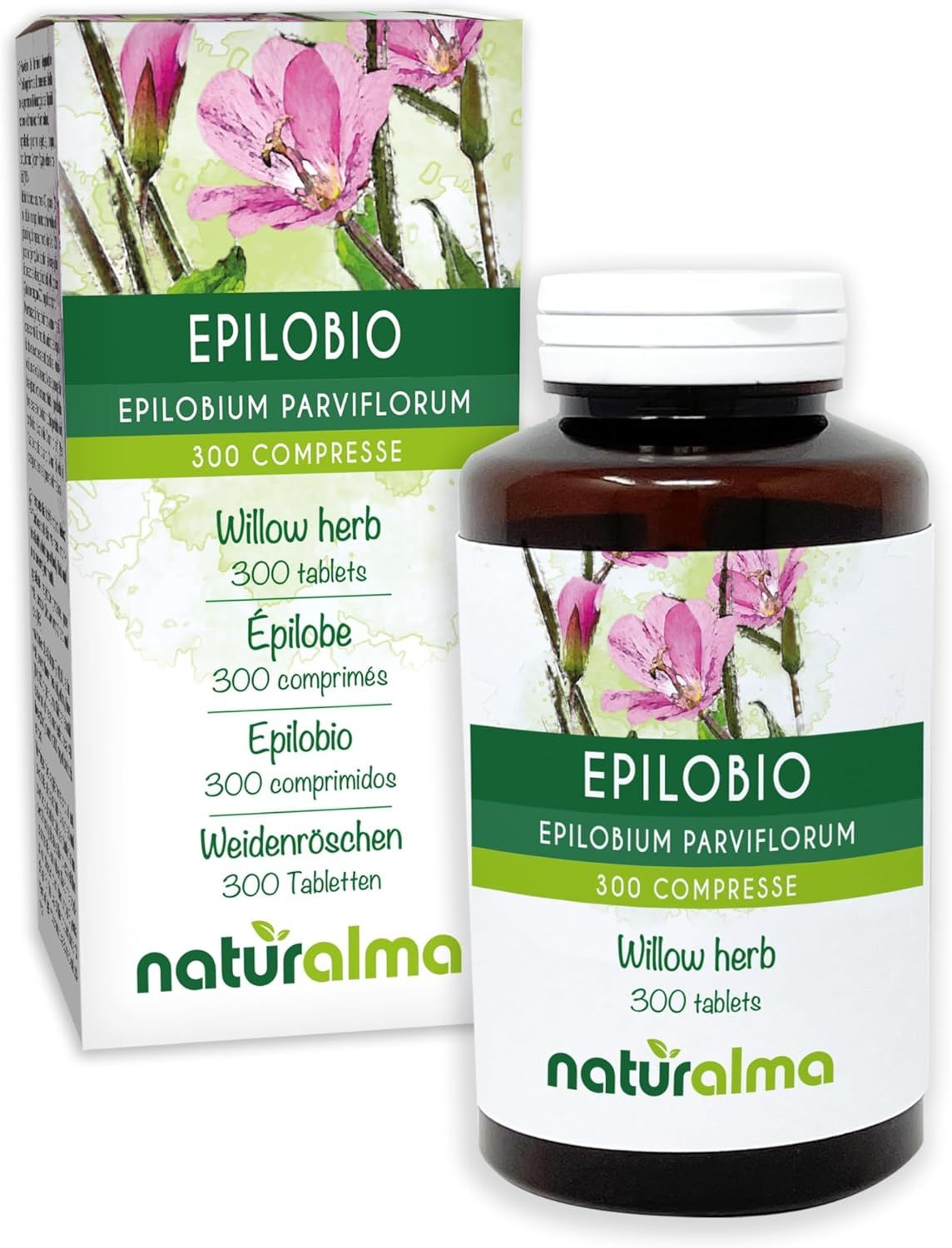 Eine Schachtel und eine Flasche mit Tabletten. Auf der Flasche steht Epilobio, 300 compresse. Das Naturalma-Logo ist sichtbar.