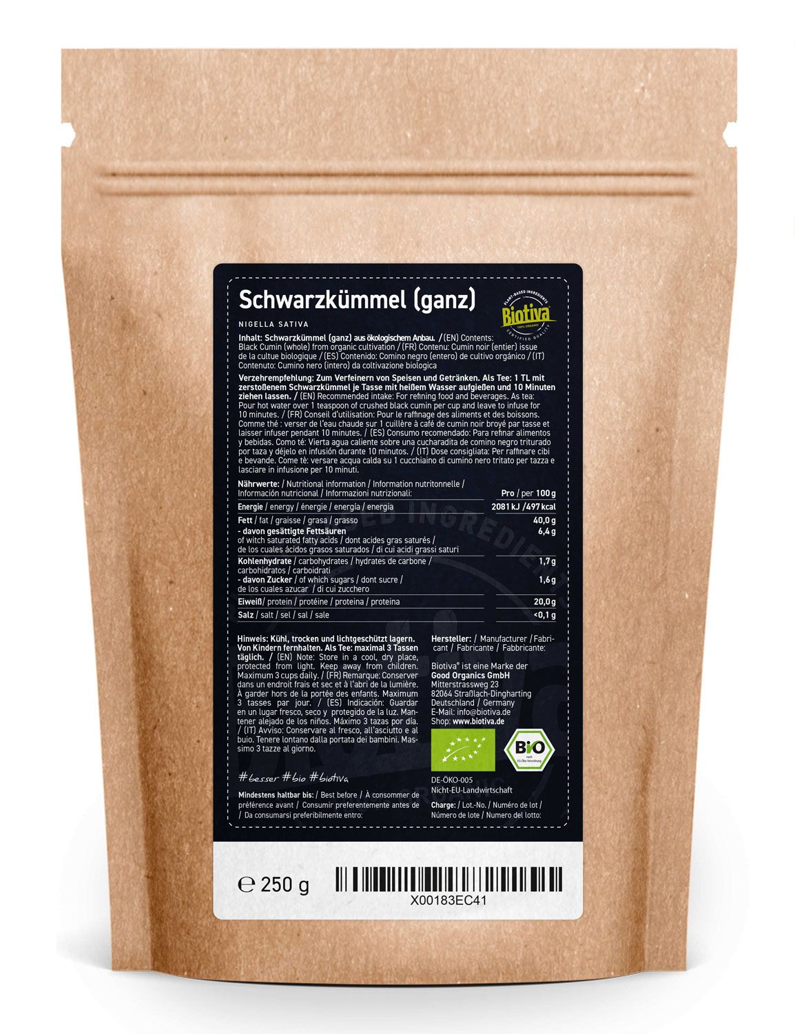 Rückseite der Tüte mit Nährwertangaben und Text. Aufschrift: Schwarzkümmel (ganz), Bio-Siegel, 250 g.