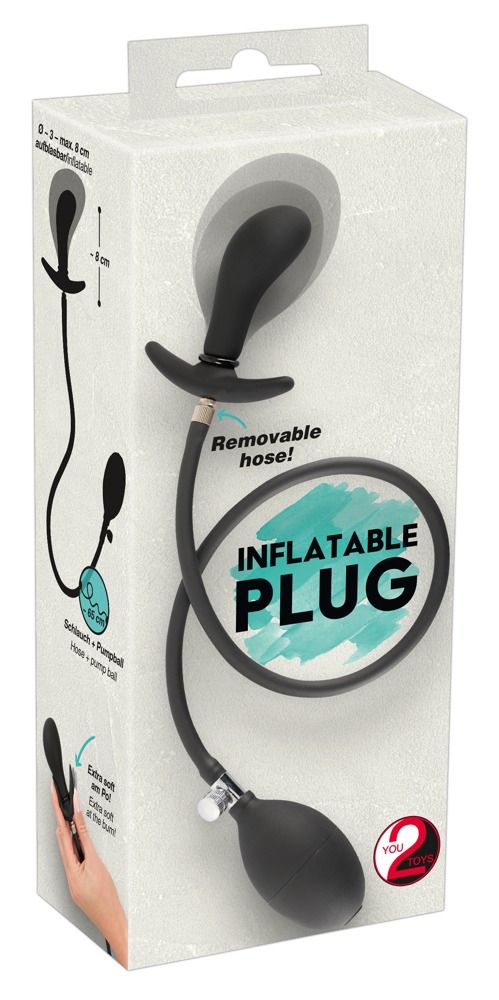 Verpackung mit einem schwarzen, aufblasbaren Plug. Auf der Verpackung steht "INFLATABLE PLUG".