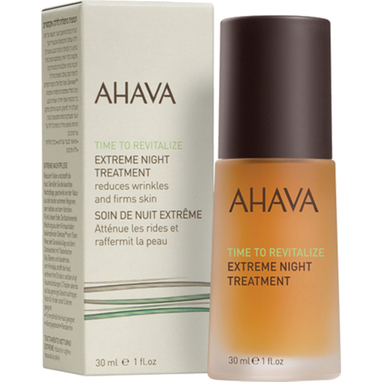 Flasche und Schachtel. Aufschrift: AHAVA, Time to Revitalize Extreme Night Treatment. Reduziert Falten. Unten: 30 ml 1 fl.oz.