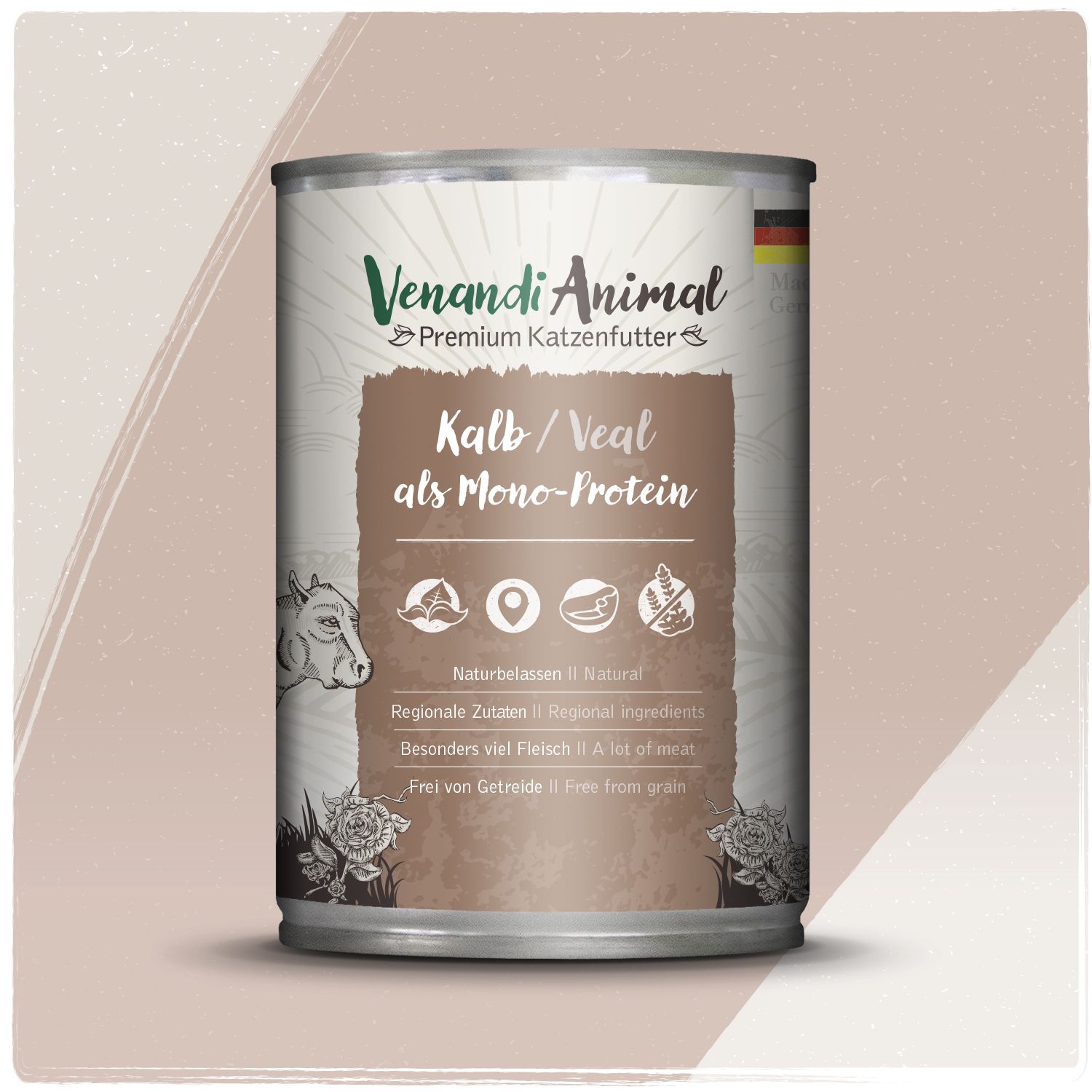 Venandi Animal Kalb als Mono-Protein Katzenfutter-Dose. Naturbelassen, regionale Zutaten, getreidefrei.