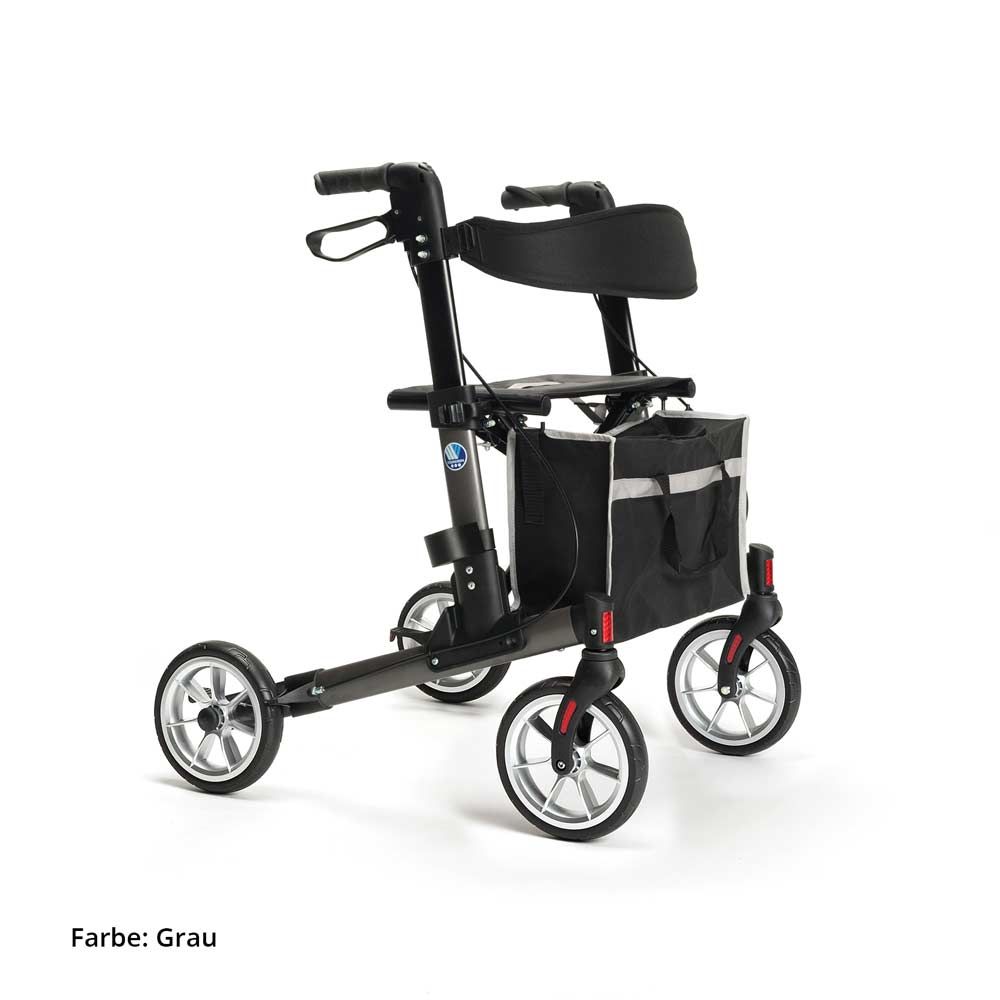 Rollator grau mit vier Rädern, Sitzfläche und Einkaufstasche. Schwarzer Rahmen, silberne Räder. Farbe: Grau.
