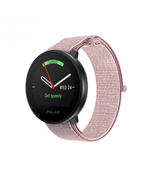 Schwarze Smartwatch mit rosa Armband. Zifferblatt mit Cardio-Anzeige und Polar-Logo. Tag: Mittwoch.