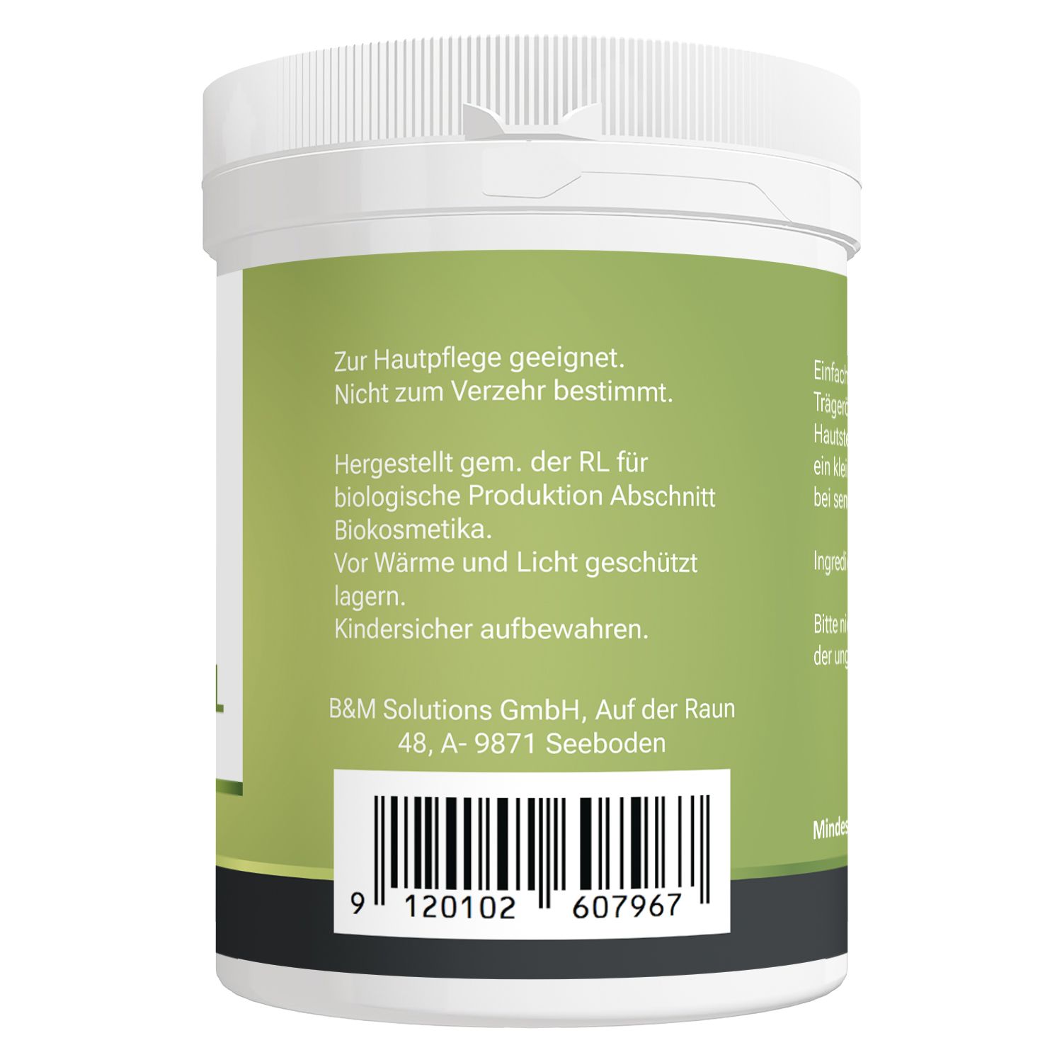 Weißer Tiegel mit grünem Etikett. Text: Lorbeeröl. Hergestellt gem. RL für biologische Produktion. Kindersicher aufbewahren. Barcode.