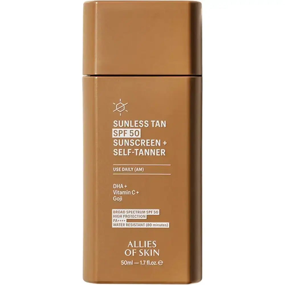 Flasche mit ALLIES OF SKIN Sunless Tan SPF 50 Sonnenschutz und Selbstbräuner.