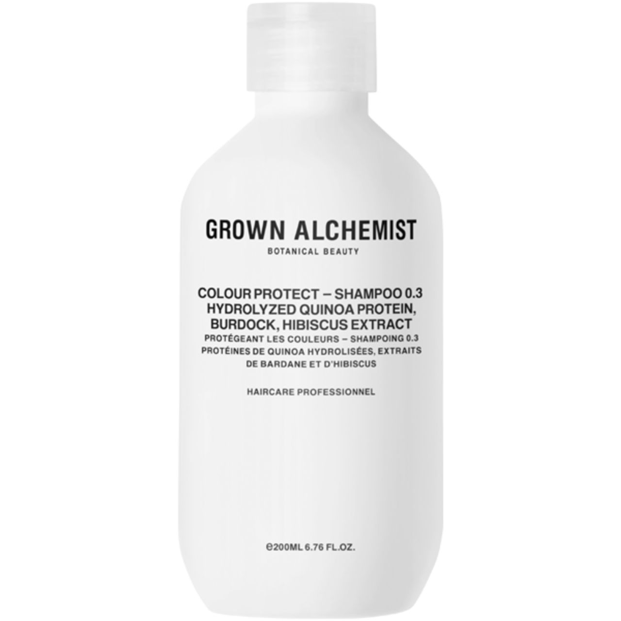 Weiße Flasche mit Grown Alchemist Shampoo-Etikett. Text: Colour Protect Shampoo 0.3, Proteine, Burdock, Hibiskus-Extrakt.