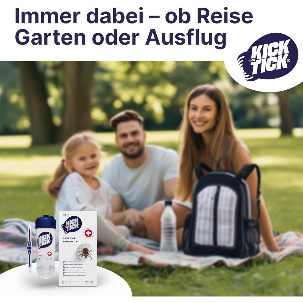 Familie im Park. Zeckenentferner-Set, Zeckenzange und Spray. Text: Kick the Tick.