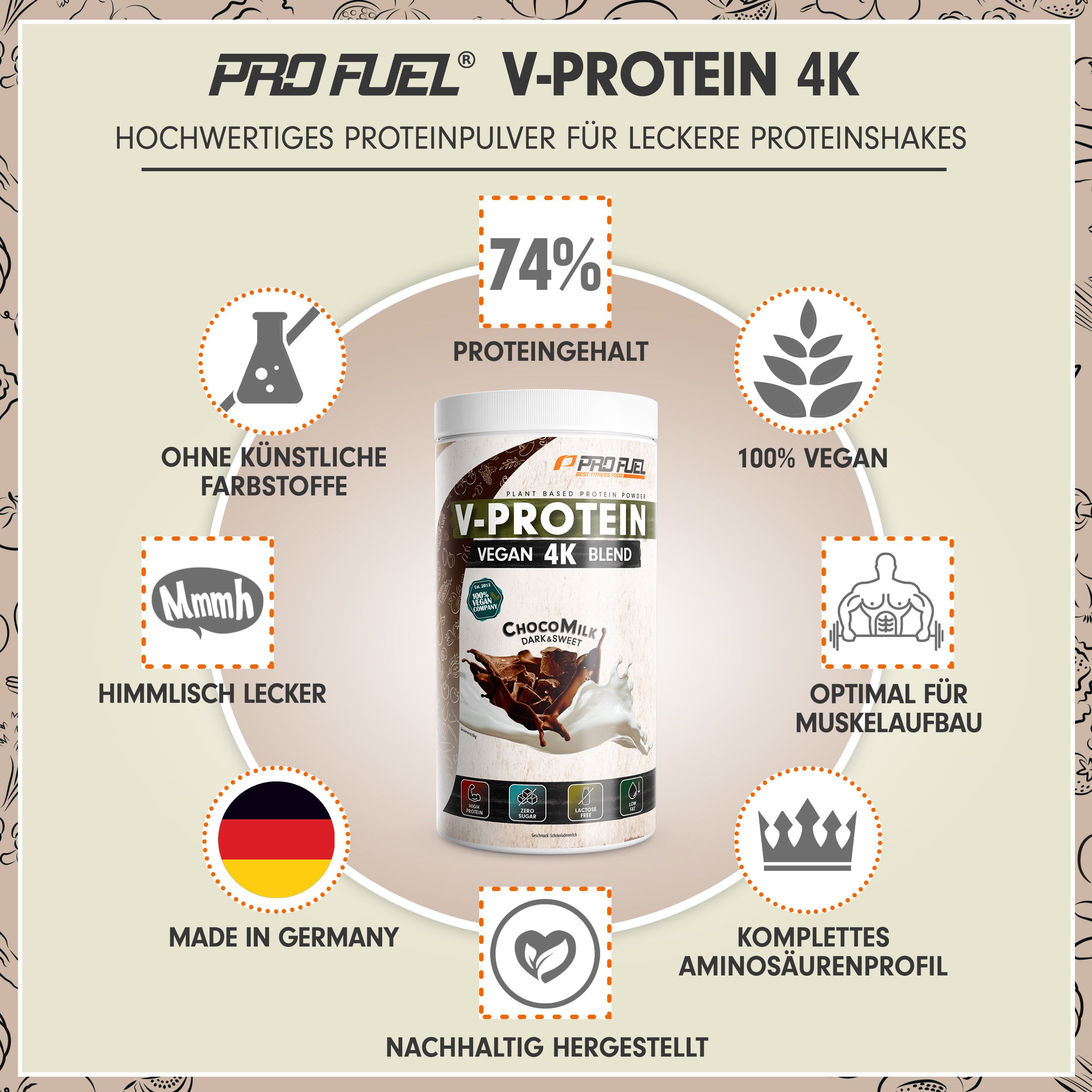 ProFuel - V-PROTEIN 4K - Choco Milk - veganes Proteinpulver - aus 4 pflanzlichen Proteinen