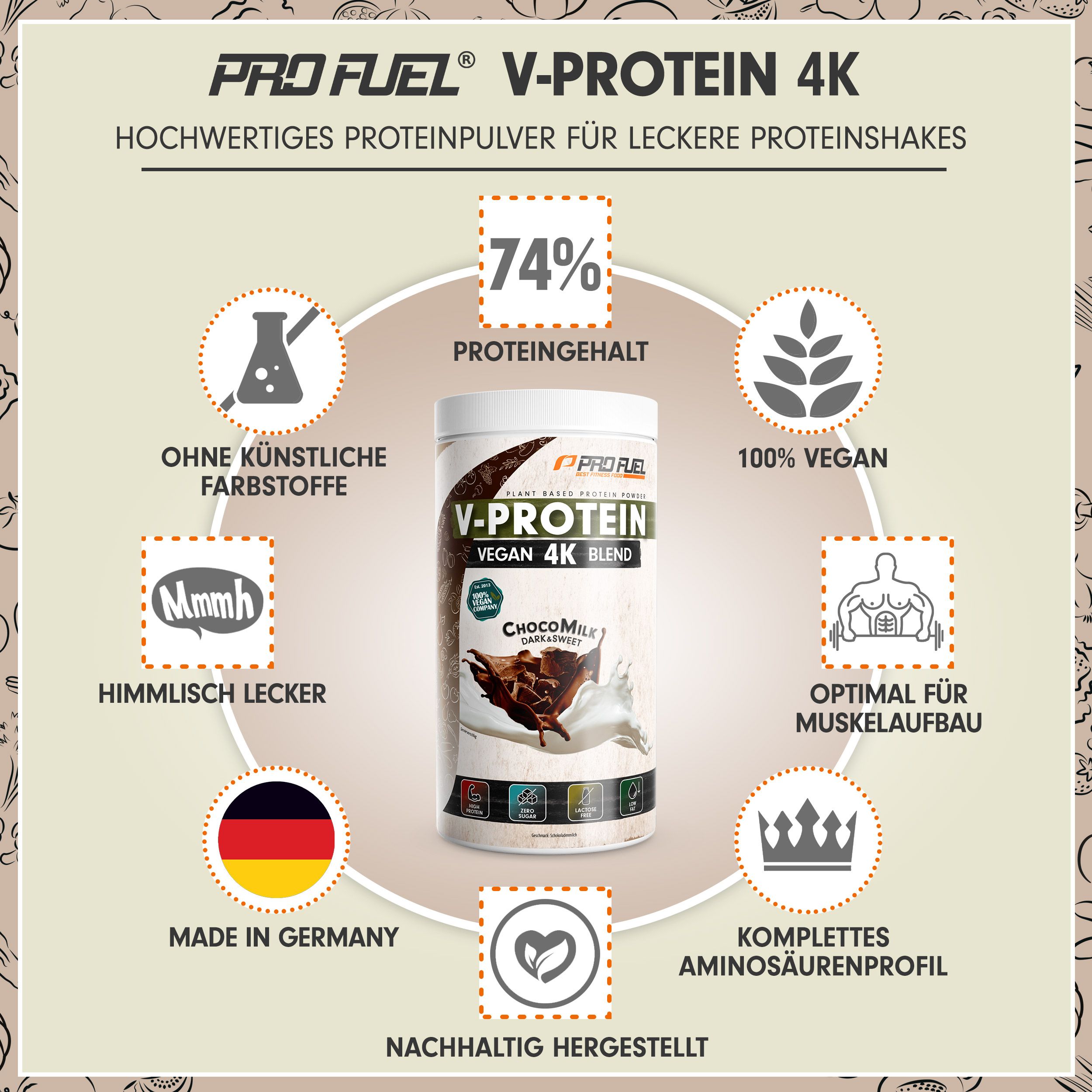 ProFuel - V-Protein 4K Choco Milk veganes Proteinpulver aus 4 pflanzlichen Proteinen 750 g Pulver