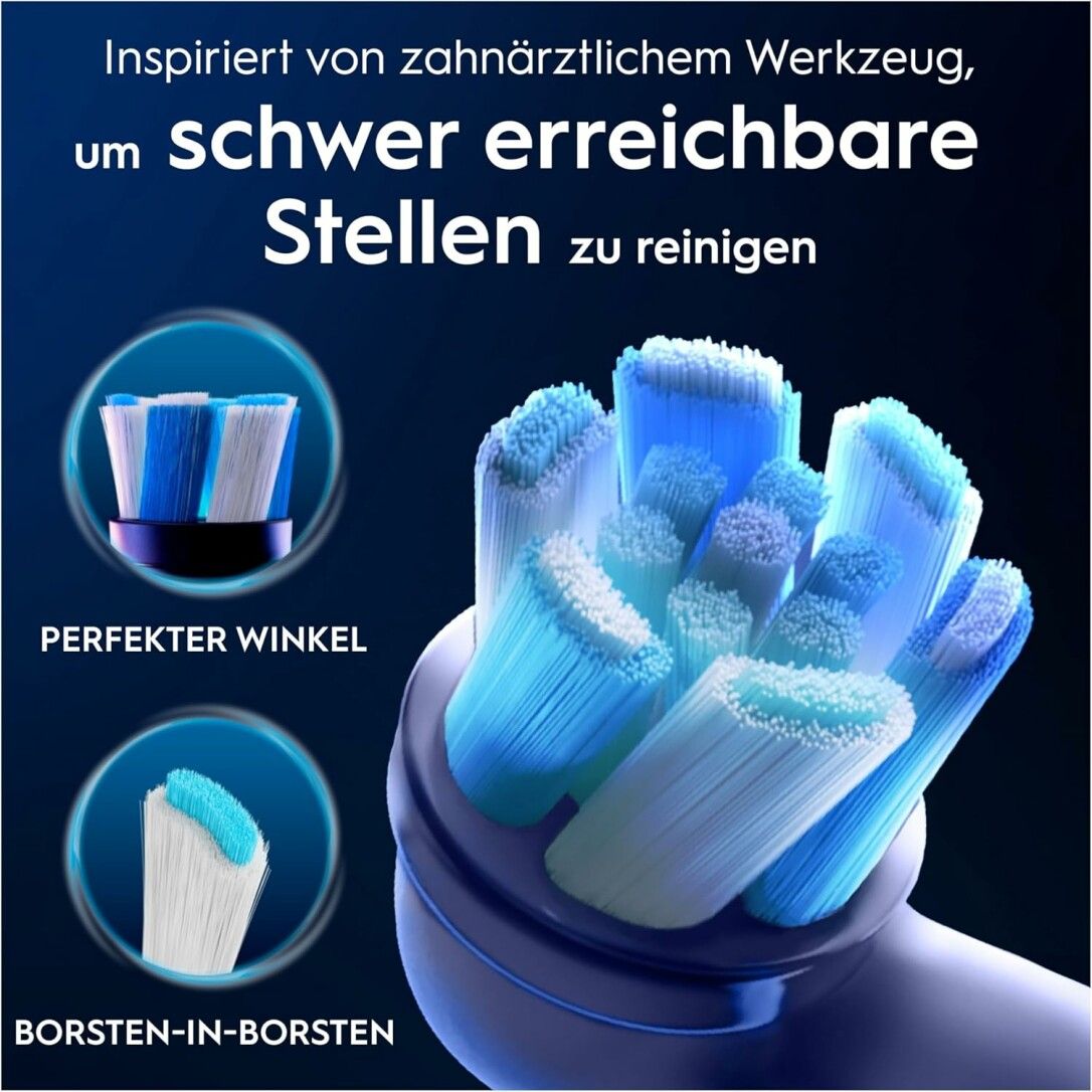 Nahaufnahme eines Oral-B iO Bürstenkopfes. Blaue und weiße Borsten. Borsten-in-Borsten-Design. Perfekter Winkel für die Reinigung.