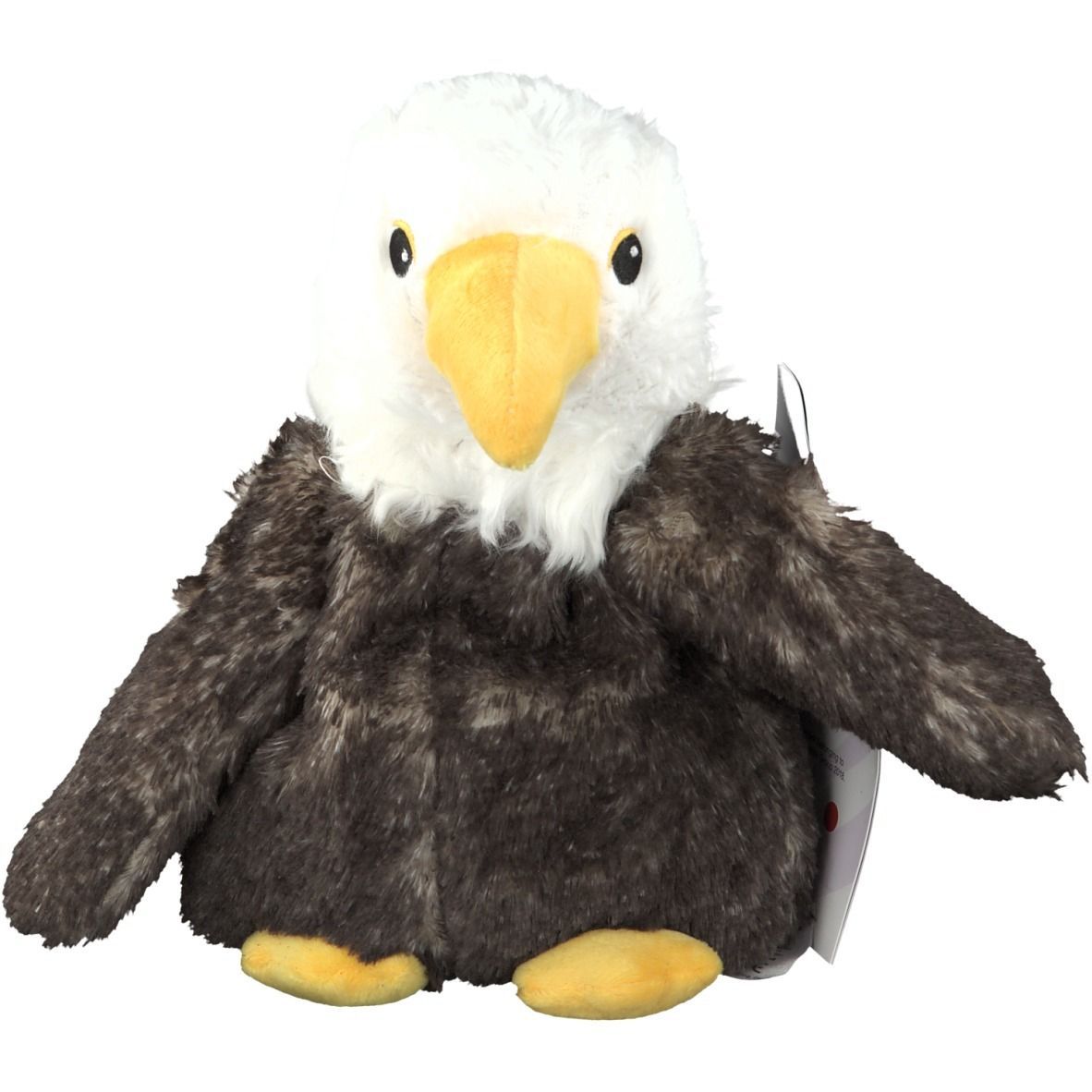 Warmies® Seeadler, Stofftier in Adlerform. Weißer Kopf, brauner Körper, gelber Schnabel und Füße. Mit Etikett.