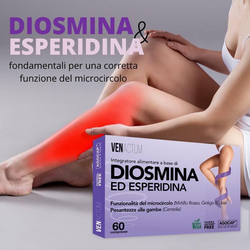 Gamba con marcatura rossa. Scatola Venactum. Testo: Diosmina & Esperidina, fondamentali per la microcircolazione. 60 compresse.