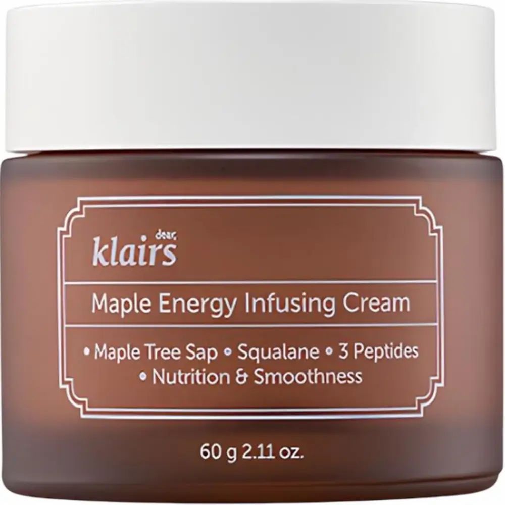 Braune Creme-Dose mit weißem Deckel. Aufschrift: Dear Klairs Maple Energy Infusing Cream. Enthält Ahorn, Squalan und Peptide.