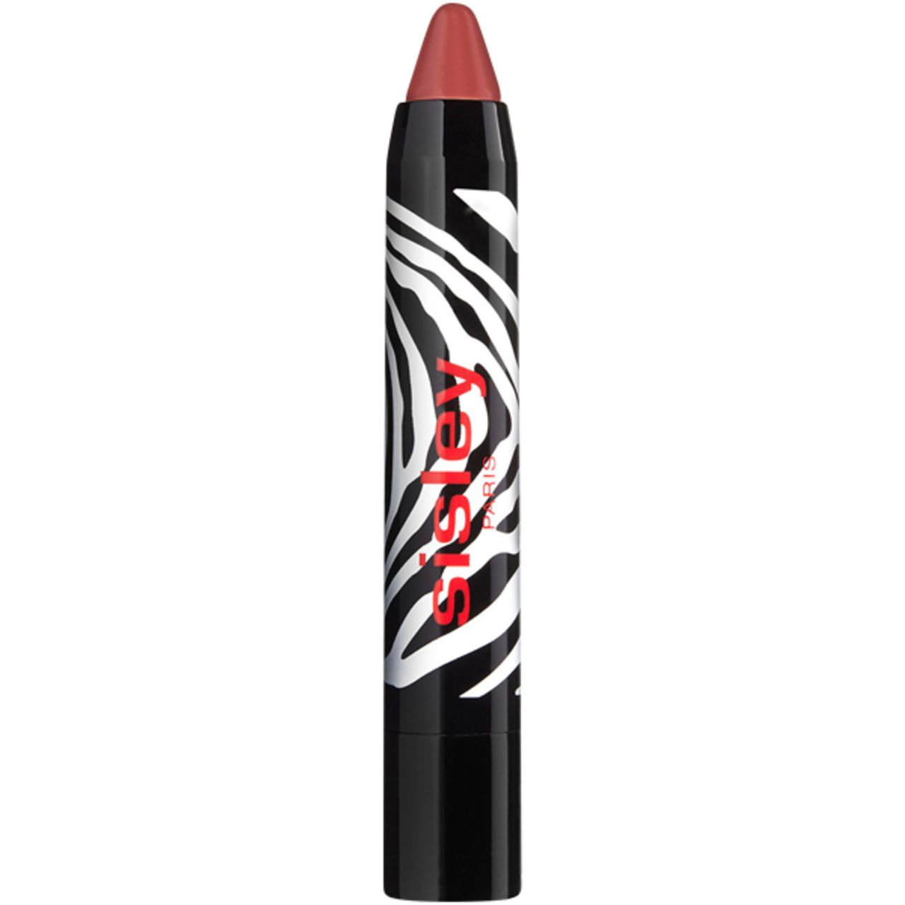 Lippenstift-Stift mit Zebra-Muster und roter Schrift Sisley Paris. Spitze in Rosé-Farbe.
