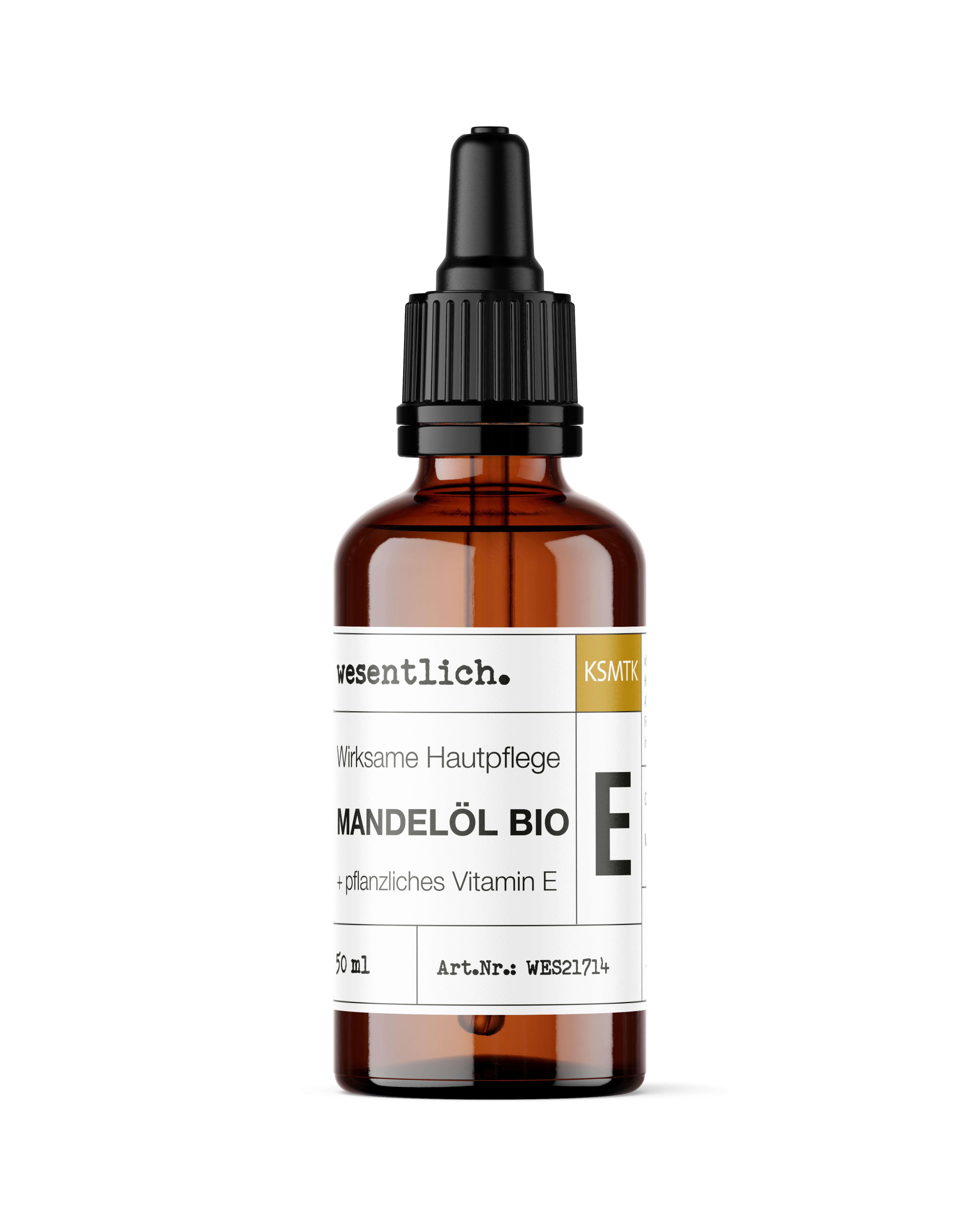 Braunglasflasche mit Tropfer. Beschriftung: wesentlich., Mandelöl Bio +E, 50 ml, Vitamin E.