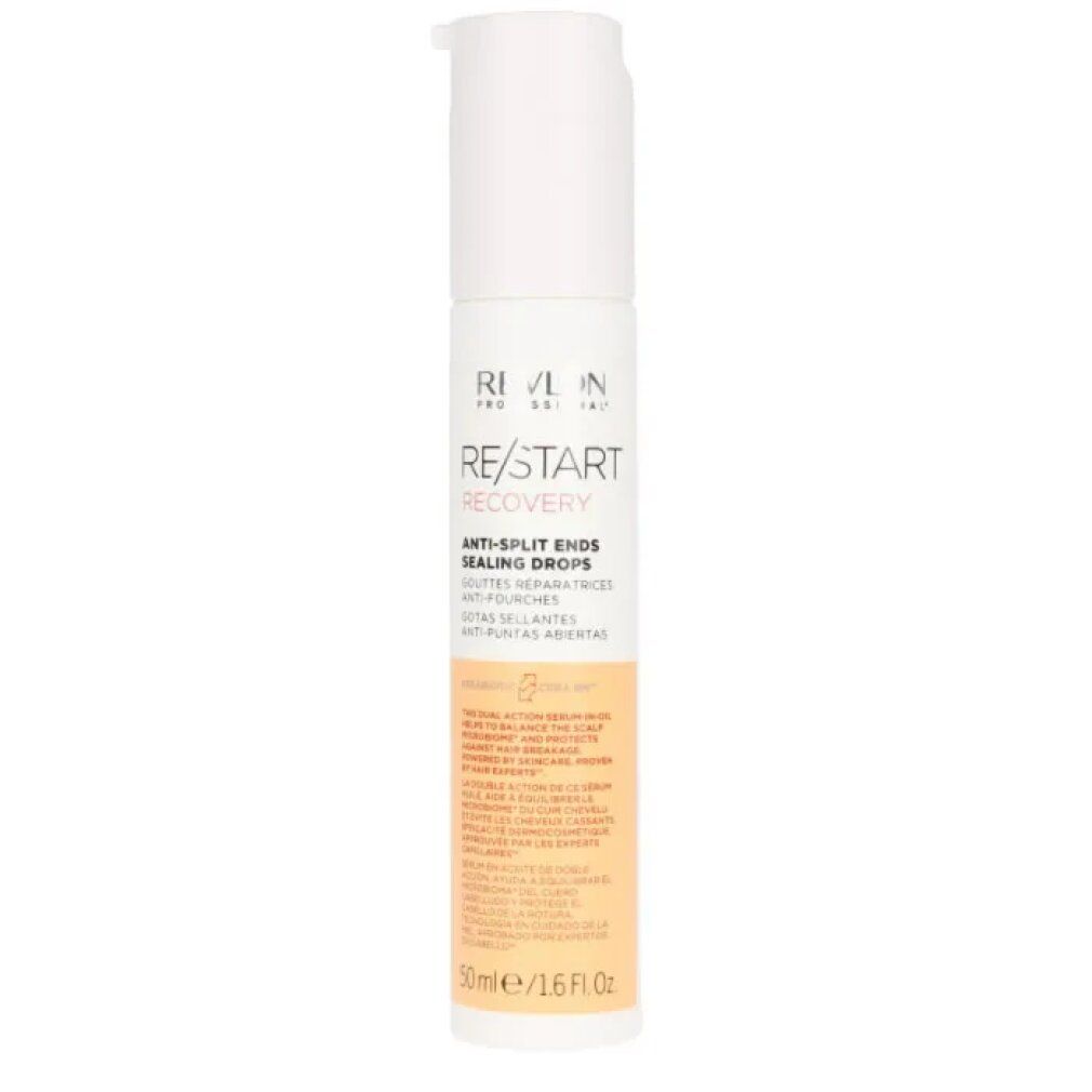Weiß-beiger Behälter mit Produkttext: RE/START Recovery Anti-Split Ends Sealing Drops. 50ml.
