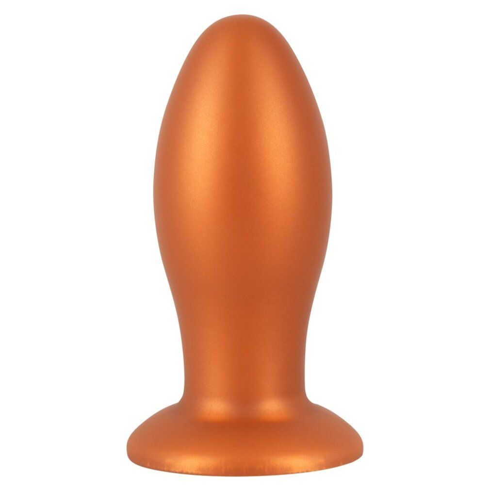 Orangefarbener, eiförmiger Analplug mit breiter Basis. Glatte Oberfläche.