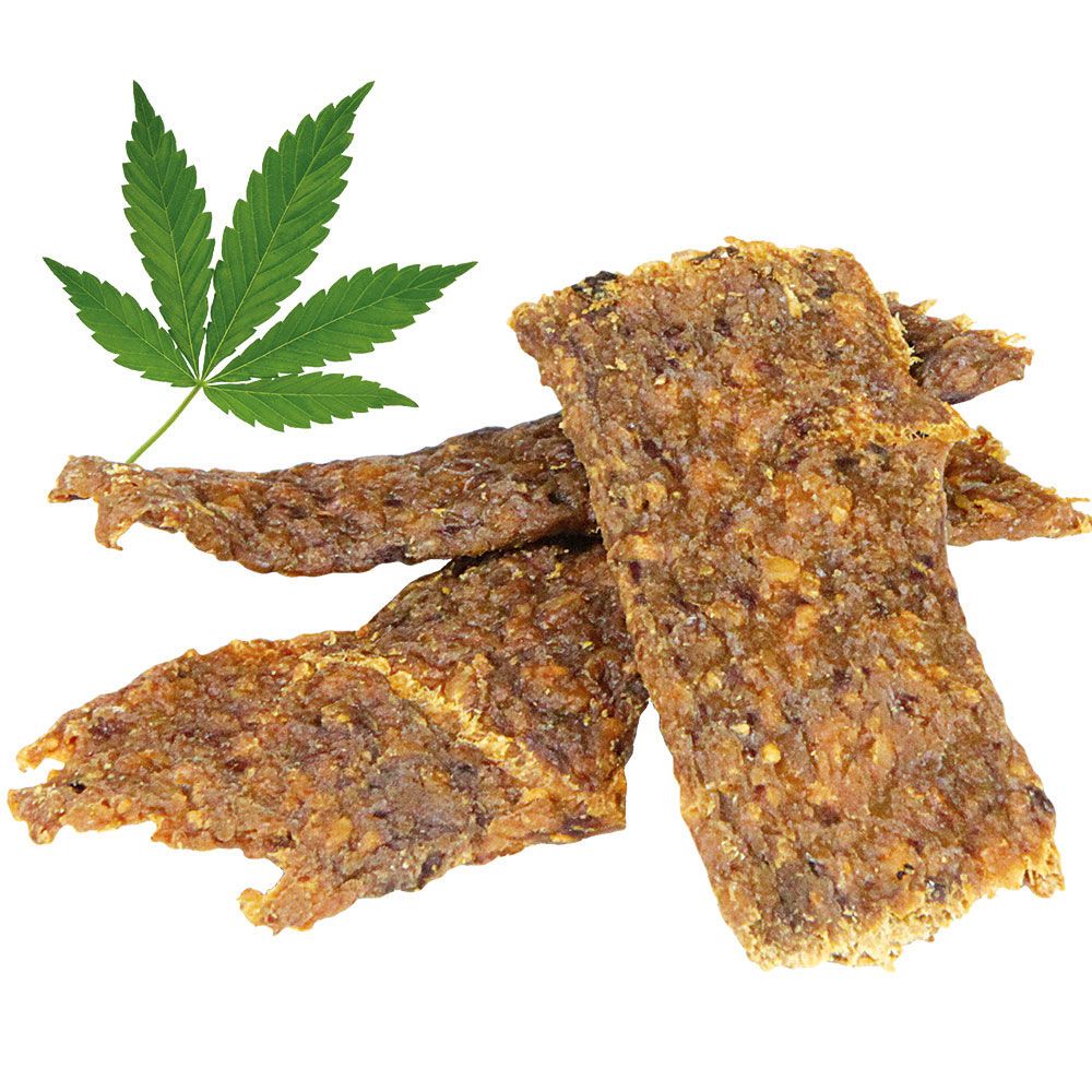Drei Streifen. Daneben ein Hanfblatt. Produkt mit Wildente und Hanf.