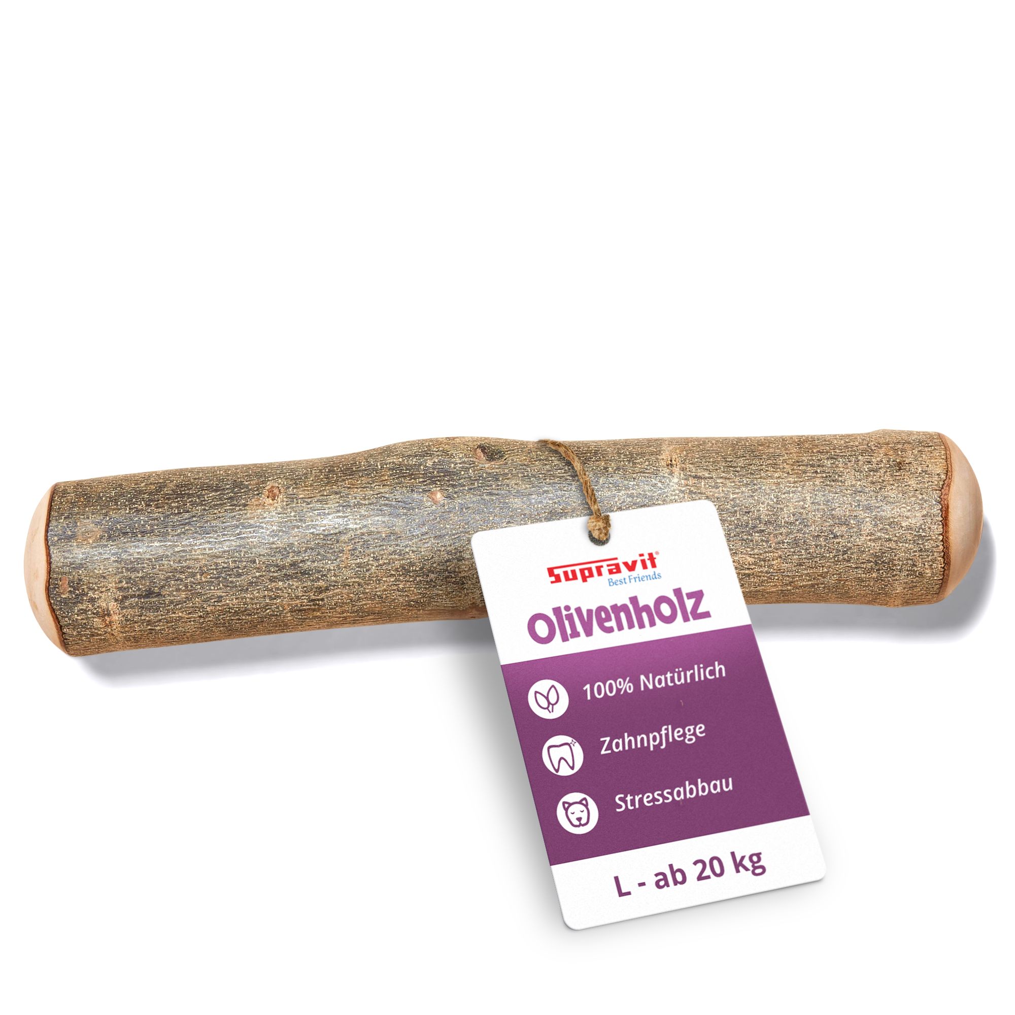 Olivenholz-Kauholz mit Anhänger. Marke Supravit, 100% natürlich, Zahnpflege, Stressabbau, L - ab 20 kg.
