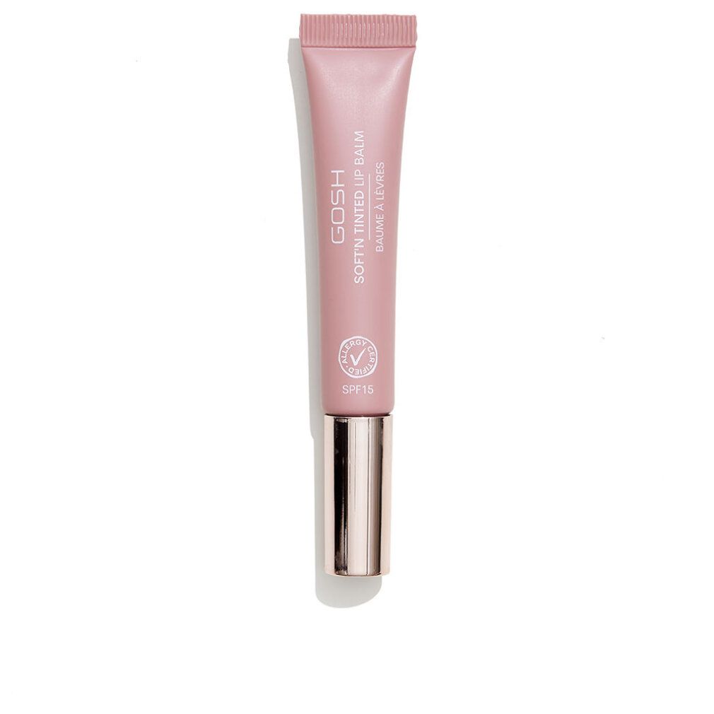 Rosa getönter Lippenbalsam in Tube. Aufschrift: GOSH Soft'n Tinted Lip Balm. Mit SPF15-Siegel.