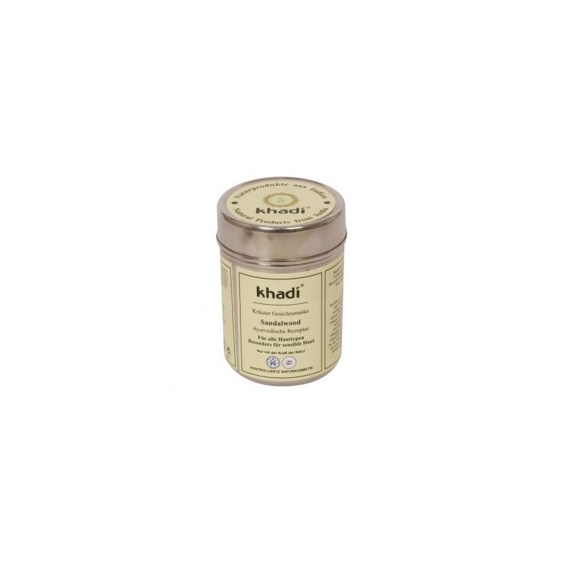 Khadi-Gesichtsmaske Sandelholz in Dose. Metallbehälter mit Etikett. Aufschrift: Khadi, Sandelholz, ayurvedische Rezeptur.