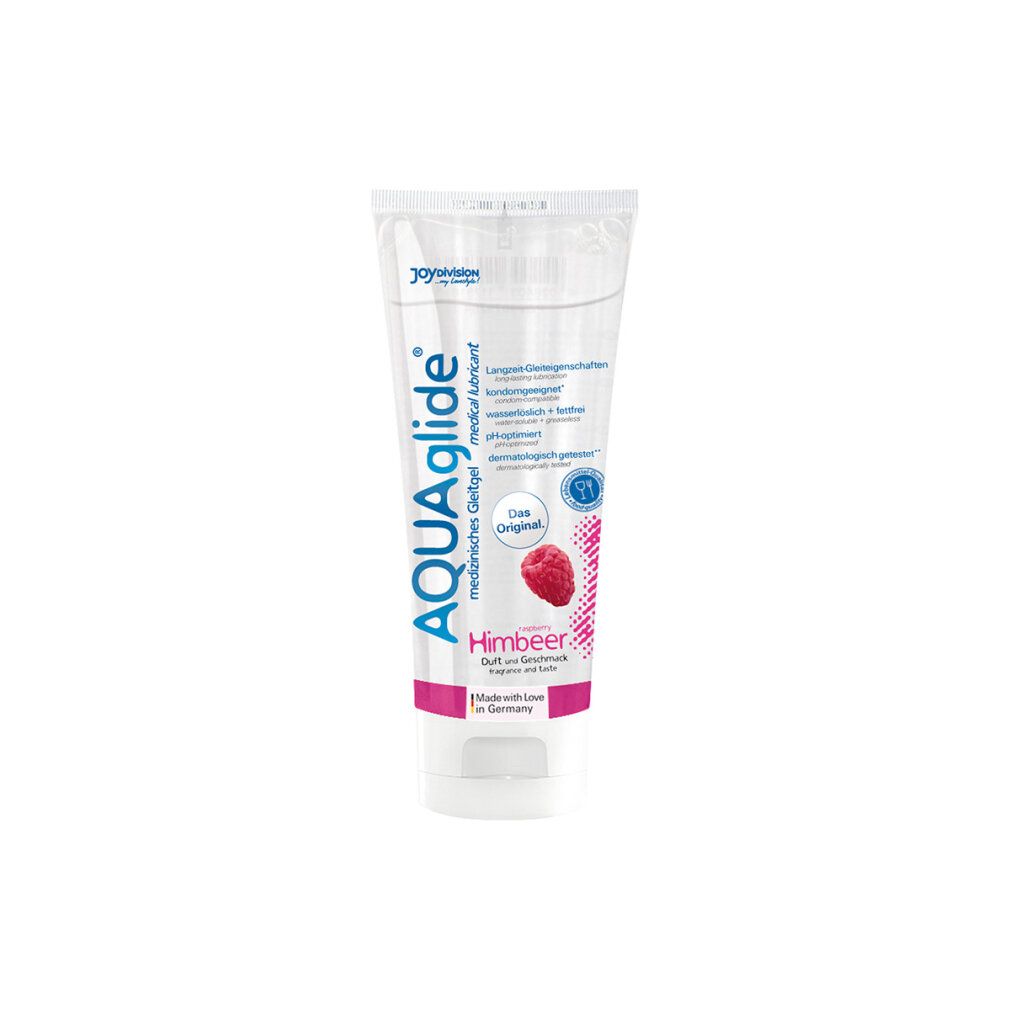 Tube mit AQUAglide Himbeer. Himbeer-Illustration. Wasser-Hintergrund mit Himbeeren.