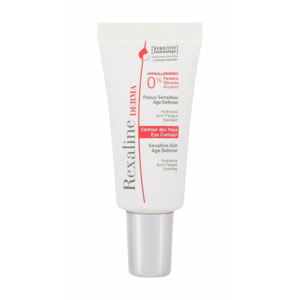 Weiße Tube mit silbernem Verschluss. Aufschrift: Rexaline Derma Eye Contour. Enthält Informationen zu Inhaltsstoffen und Zertifizierungen.