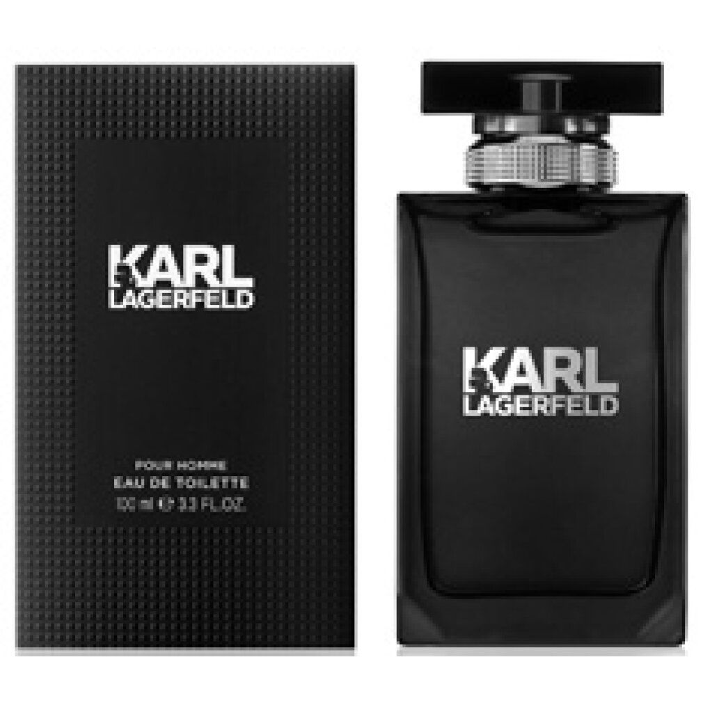 Schwarzer Flakon und Verpackung. Aufschrift KARL LAGERFELD. Eau de Toilette.