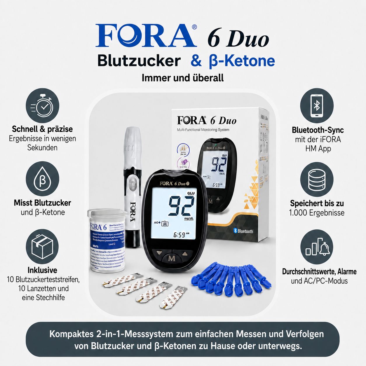 FORA 6 Duo Blutzucker- und Ketonmessgerät-Set mit Zubehör und Funktionen.