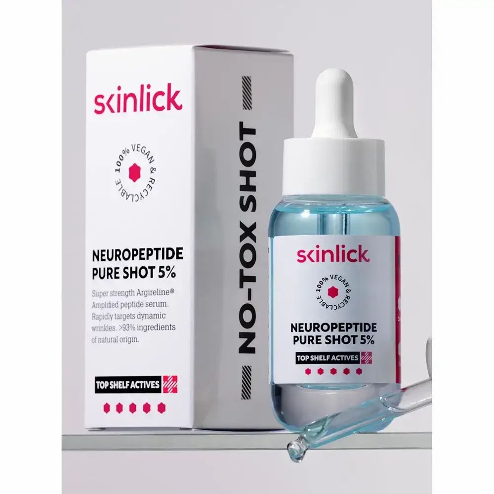 Serumflasche und Verpackung. Skinlick, Neuropeptide Pure Shot 5%. Vegan, recycelbar. Pipette daneben.