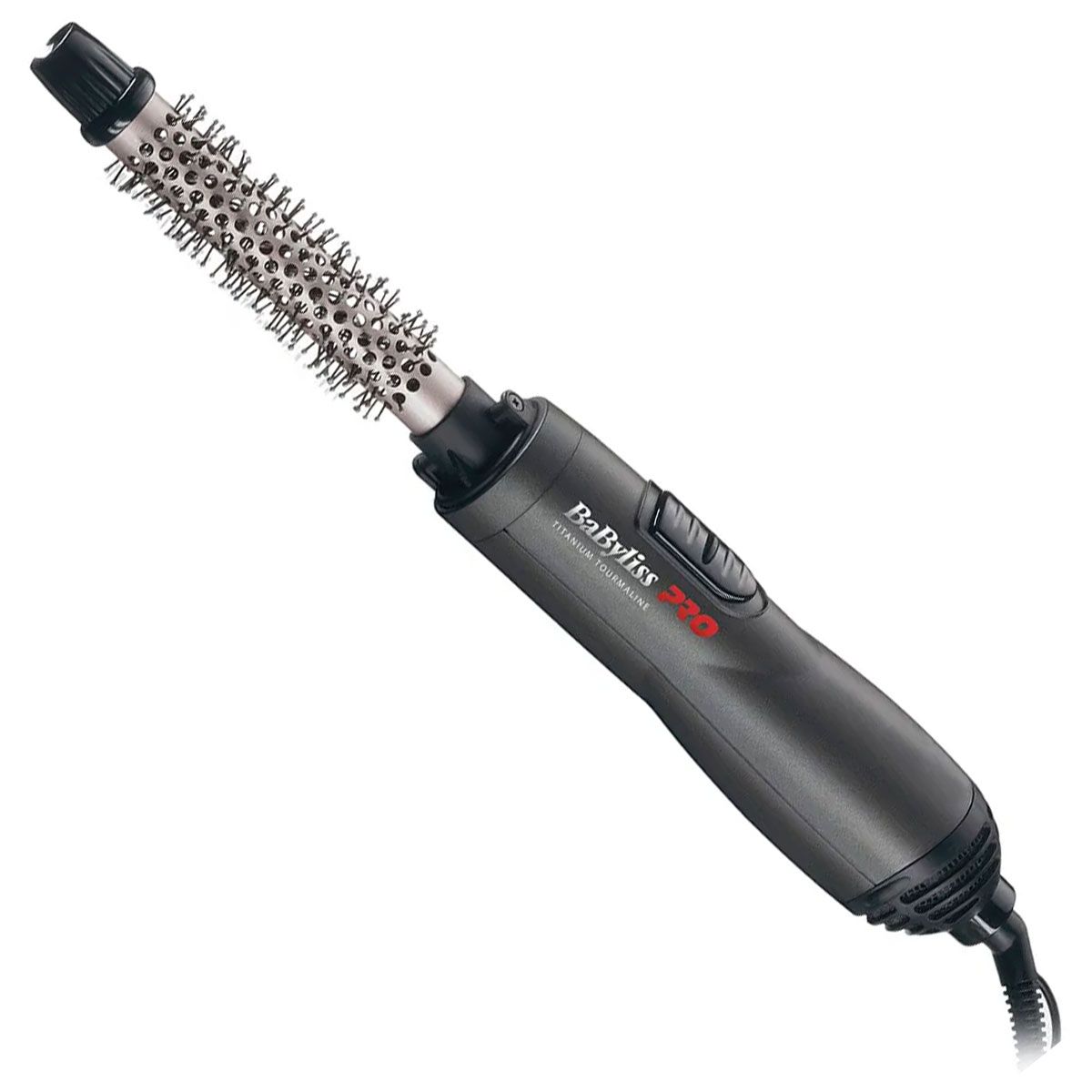 BaByliss PRO Titanium Tourmaline Pulse Airstyler mit silberner Bürste und schwarzem Griff.