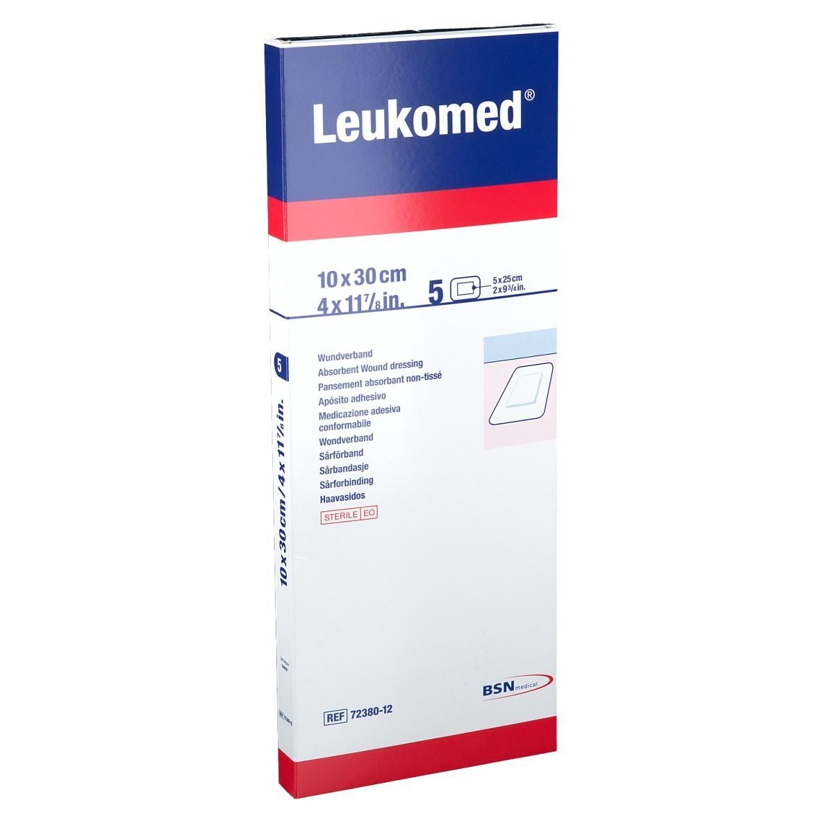 Verpackung von Leukomed Wundverband. Blau-weiß-rotes Design. Aufdruck: Produktname, Maße, Anzahl. Vorderansicht.