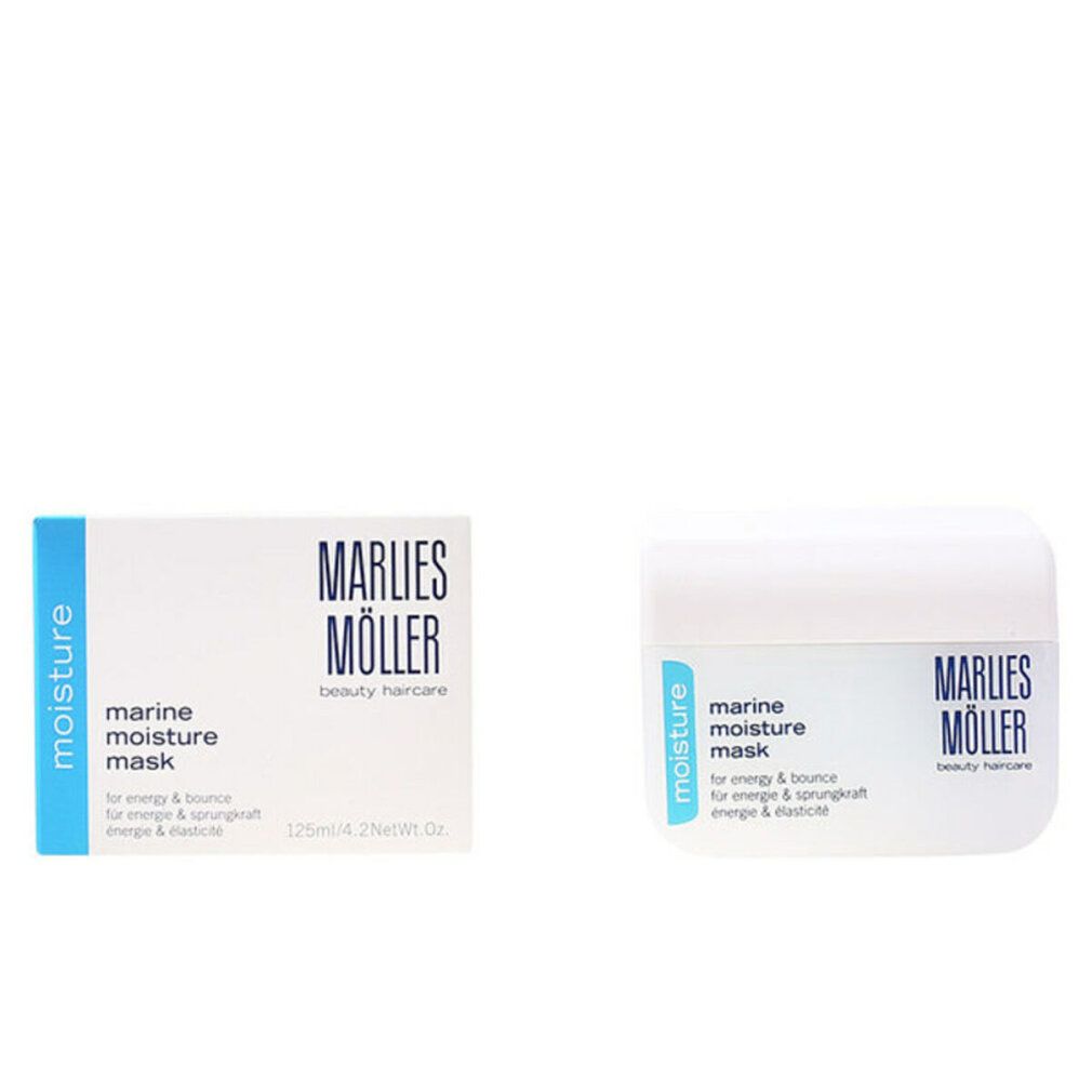 Zwei Packungen: Dose und Schachtel. Aufschrift: marine moisture mask. Marlies Möller beauty haircare.