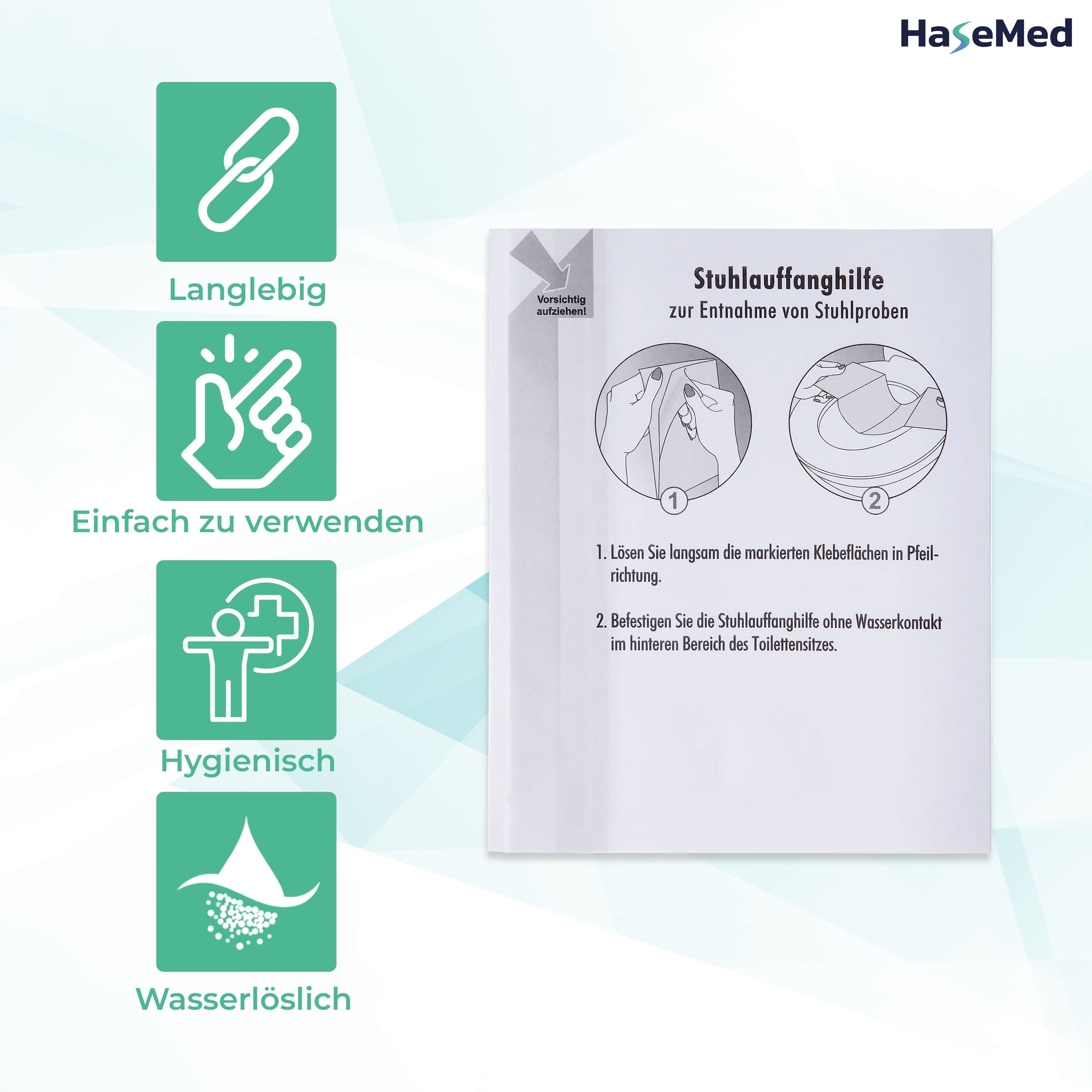 Anleitung zur Stuhlprobenentnahme mit Piktogrammen und Produktlogo HaseMed. Text: 'Langlebig', 'Einfach zu verwenden'.