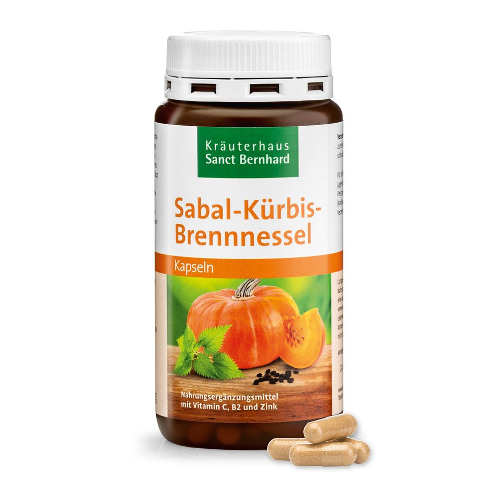 Braune Flasche mit weißen Deckel. Etikett mit Produktname und Abbildung von Kürbis und Kräutern. Kapseln daneben.