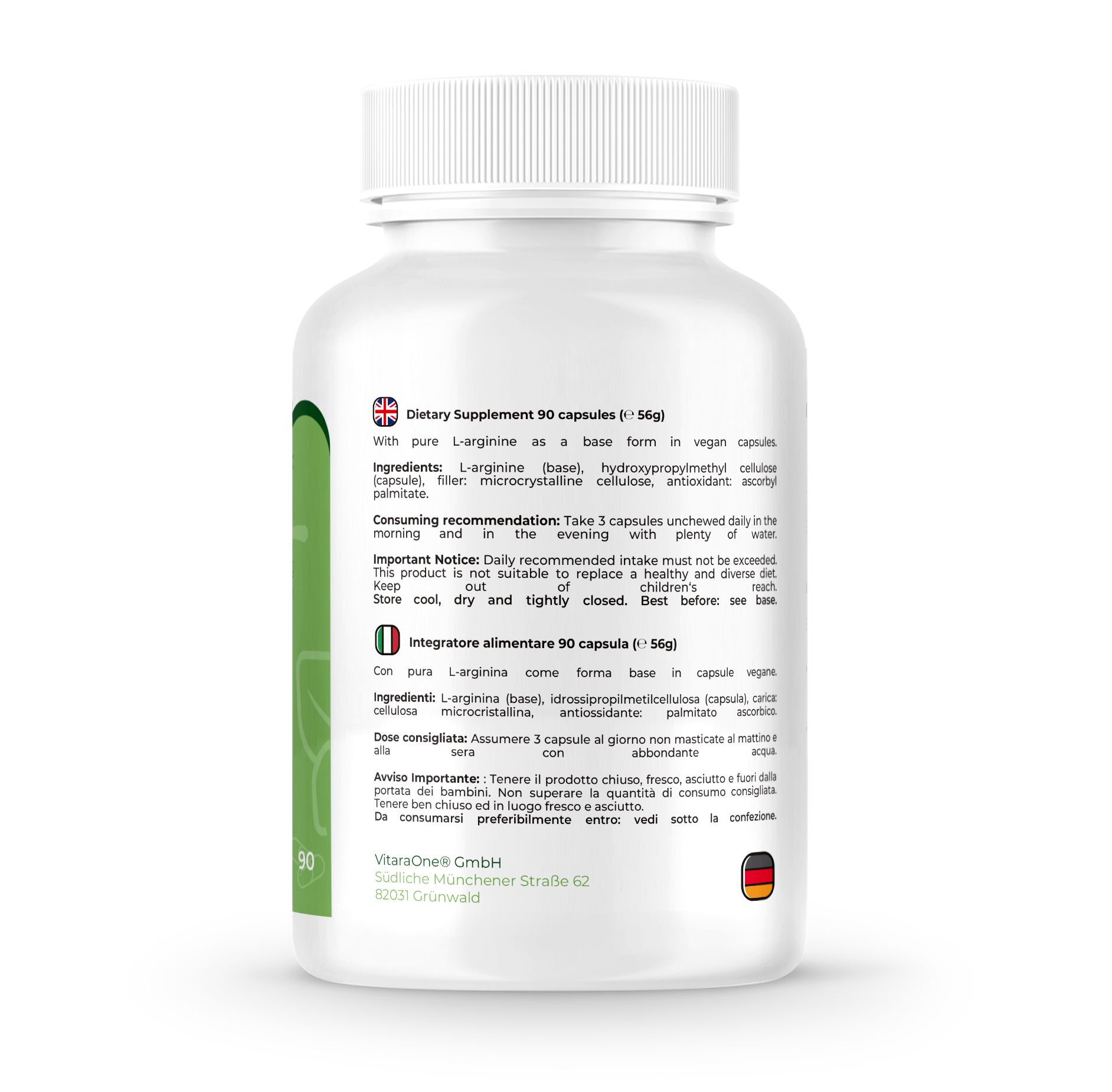 Rückseite einer weißen Flasche. Enthält 90 Kapseln. L-Arginin. Vegan. Nährwertangaben.