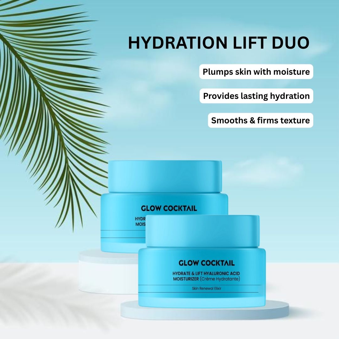Zwei blaue Tiegel mit weißer Schrift: GLOW COCKTAIL HYDRATE & LIFT HYALURONIC ACID MOISTURIZER. Hintergrund: Palmenblatt.