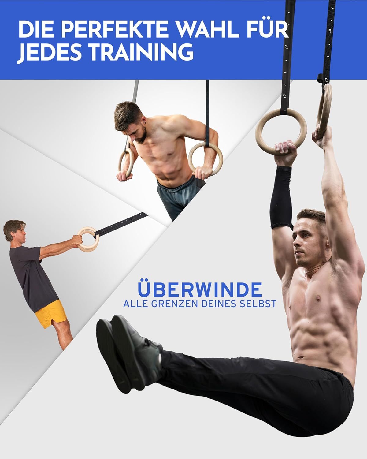Drei Männer trainieren mit Gymnastikringen. Ringe hängen an Gurten. Text: Die perfekte Wahl für jedes Training. Überwinde alle Grenzen deines Selbst.