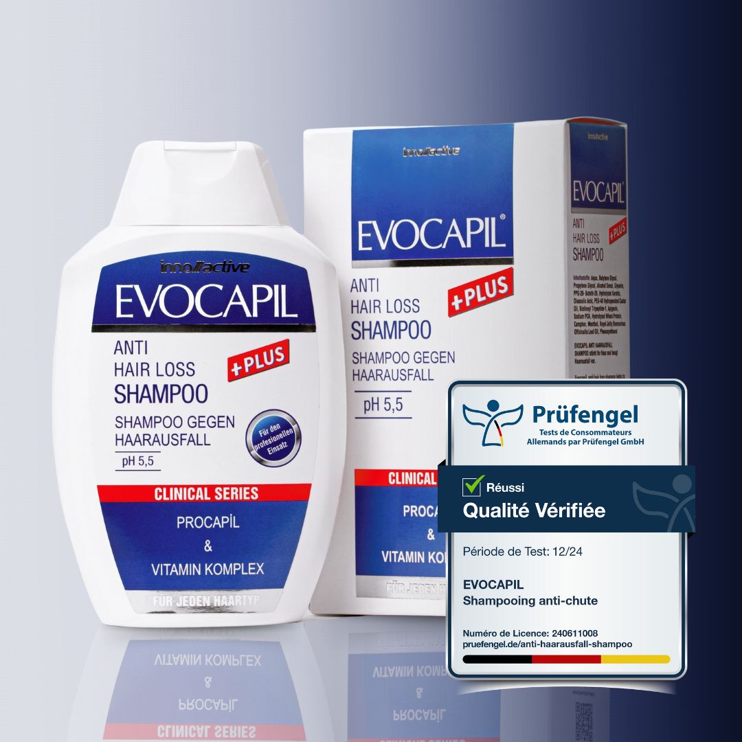 Shampoo fles en doos "Evocapil Anti-Haaruitval Shampoo" met "Qualité Vérifiée" certificaat.