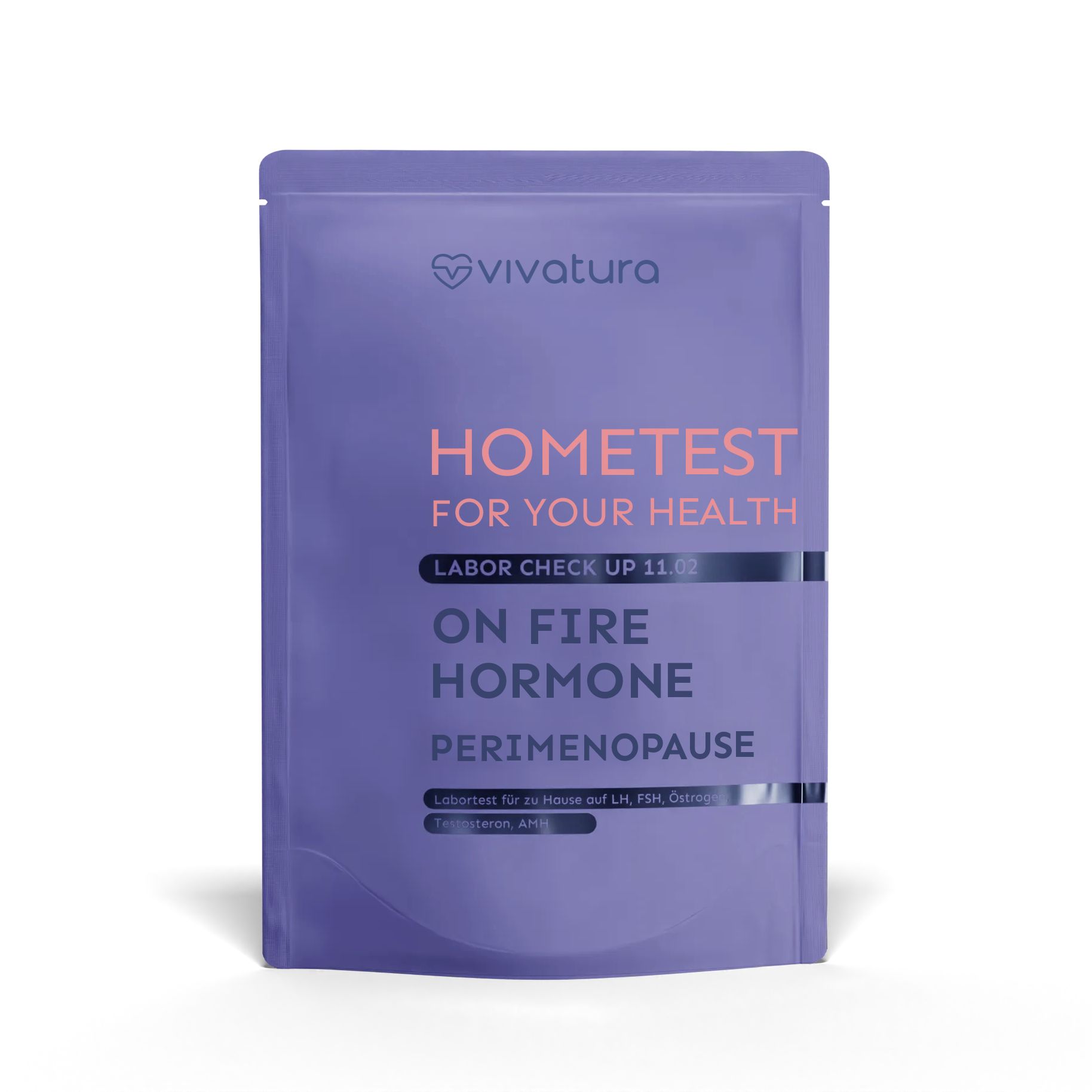 Verpackung mit Text: Hometest, Labor Check, On Fire Hormone, Perimenopause. Marke: vivatura®.