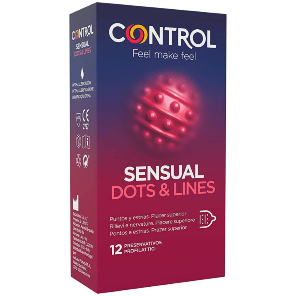 Verpackung von Control SENSUAL Dots & Lines. 12 Kondome. Mit Punkten und Linien. CE-Kennzeichnung.